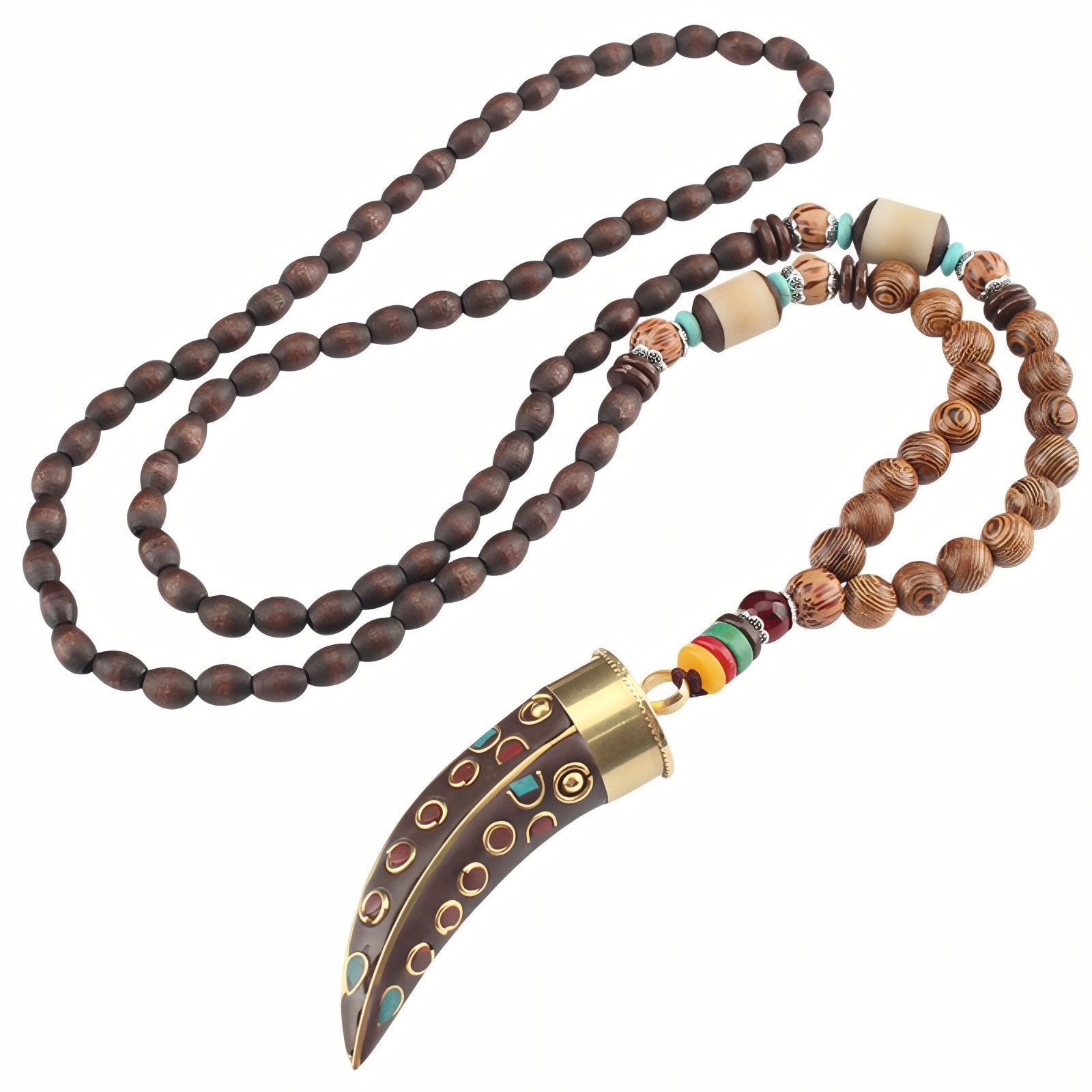 Collier en perles de bois, avec pendentif corne multicolore, résine et cuivre, style bohème