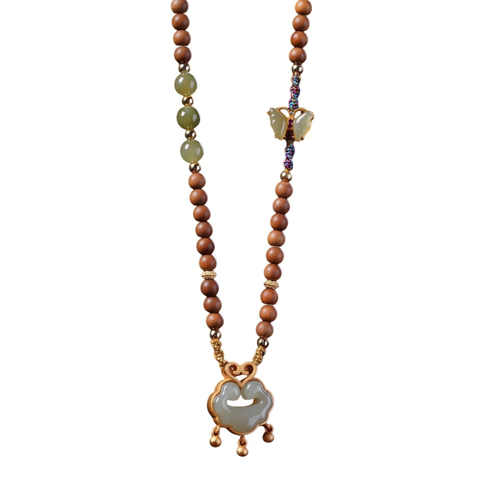 Collier en perles de bois de santal et pierre naturelle vert jade, avec pendentif nuage porte - bonheur et alliage métallique