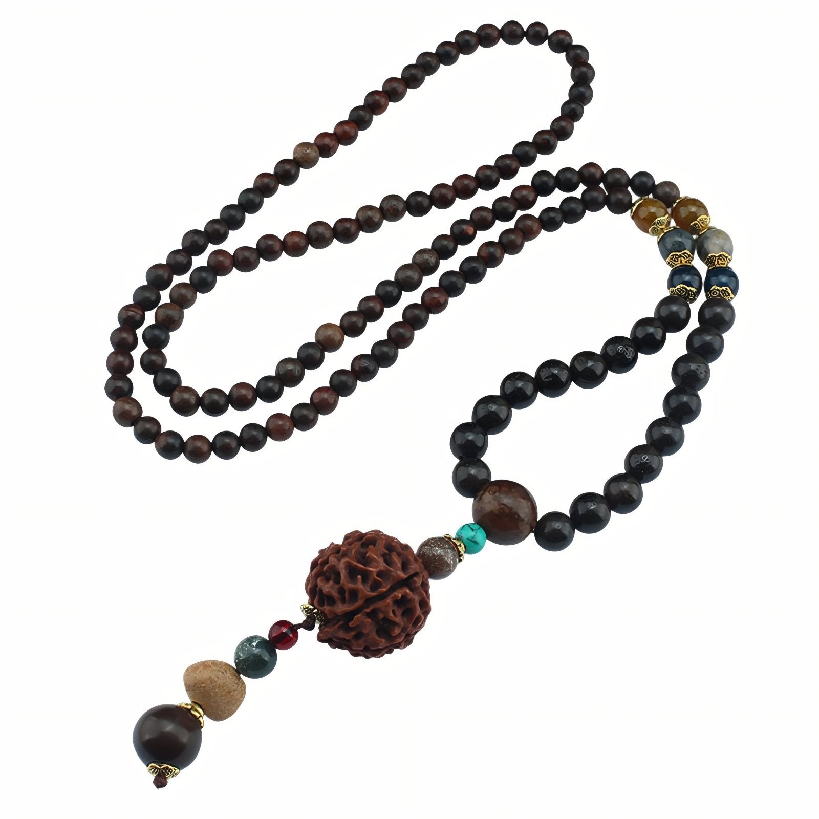 Collier en perles de bois de santal et pierres naturelles, avec graine de Bodhi, style bohème spirituel