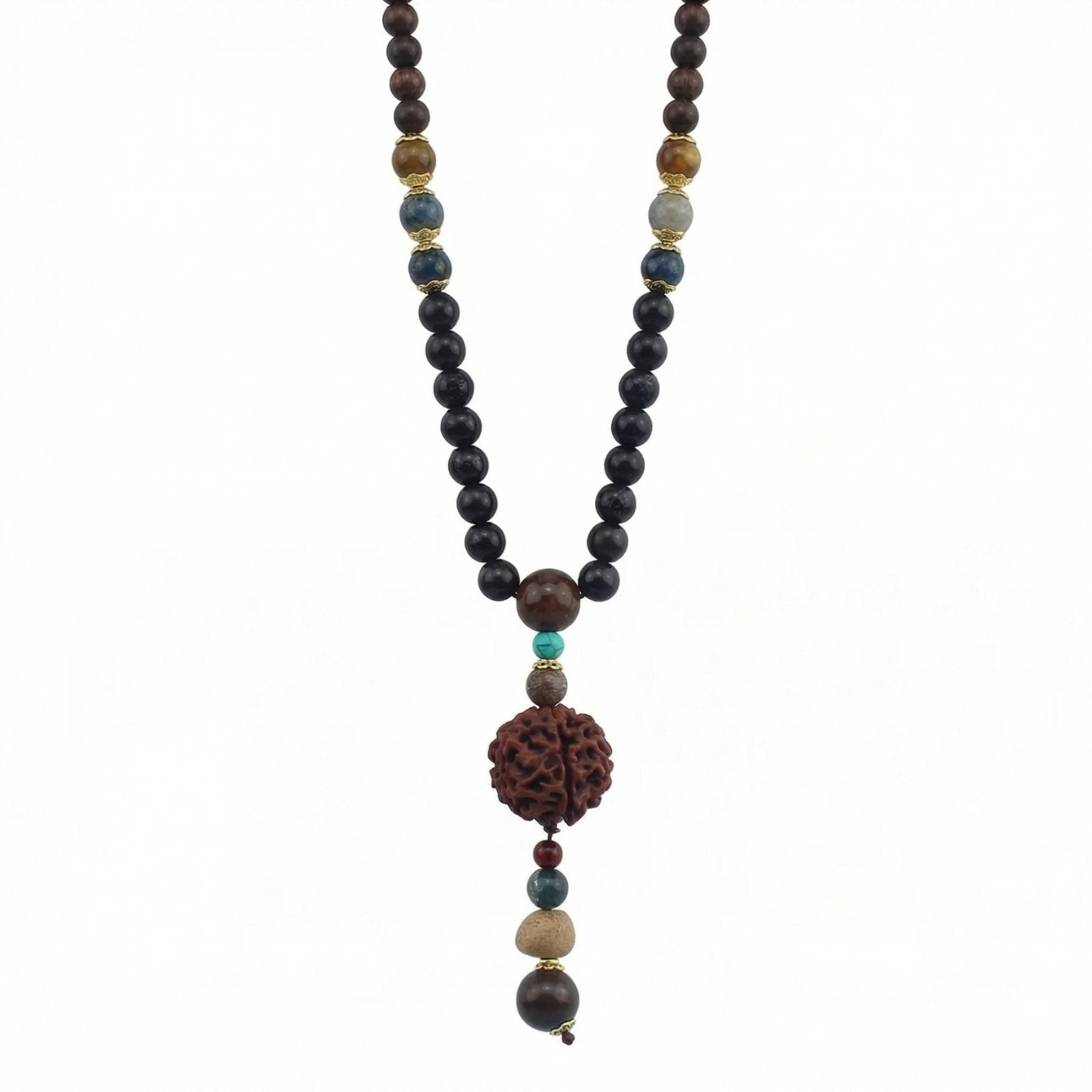 Collier en perles de bois de santal et pierres naturelles, avec graine de Bodhi, style bohème spirituel