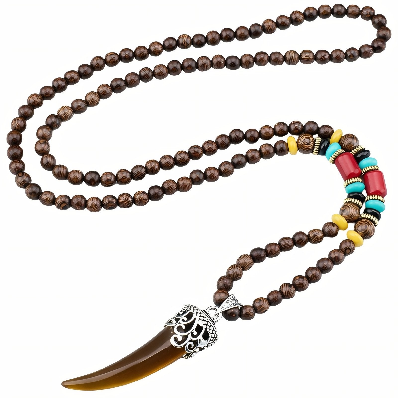 Collier en perles de bois naturel, avec pendentif corne, résine et alliage métallique, style bohème