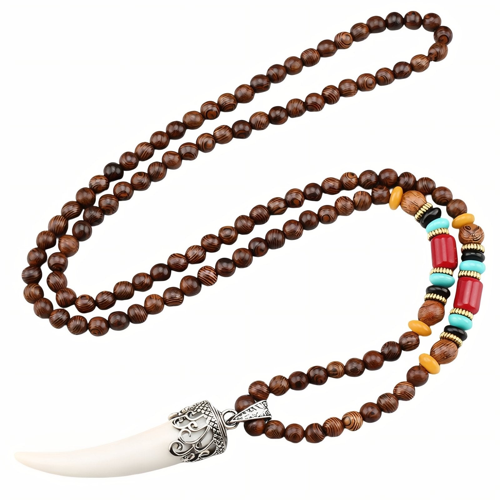 Collier en perles de bois naturel, avec pendentif corne, résine et alliage métallique, style bohème
