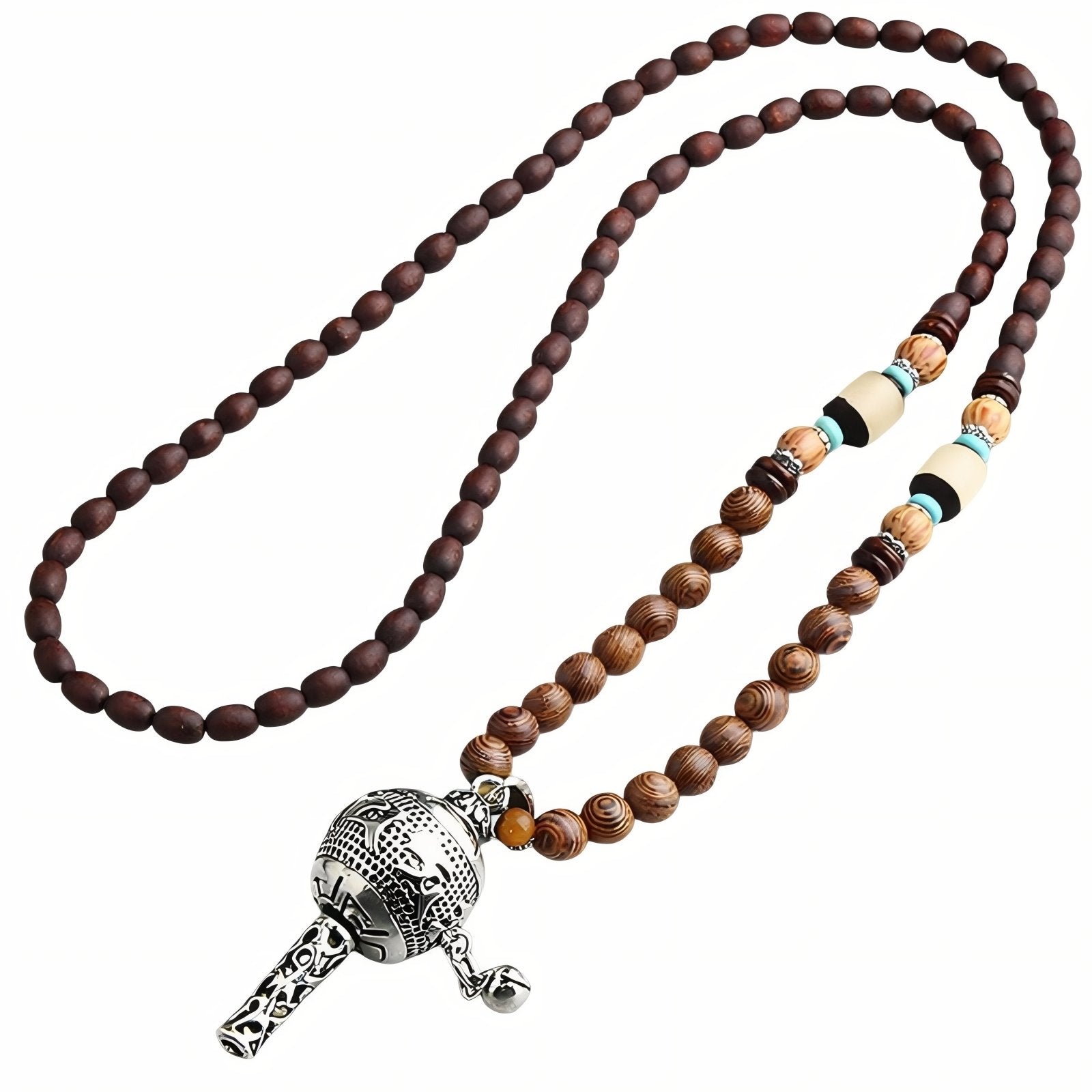Collier en perles de bois naturel, avec pendentif grand moulin à prières en alliage métallique, style bohème