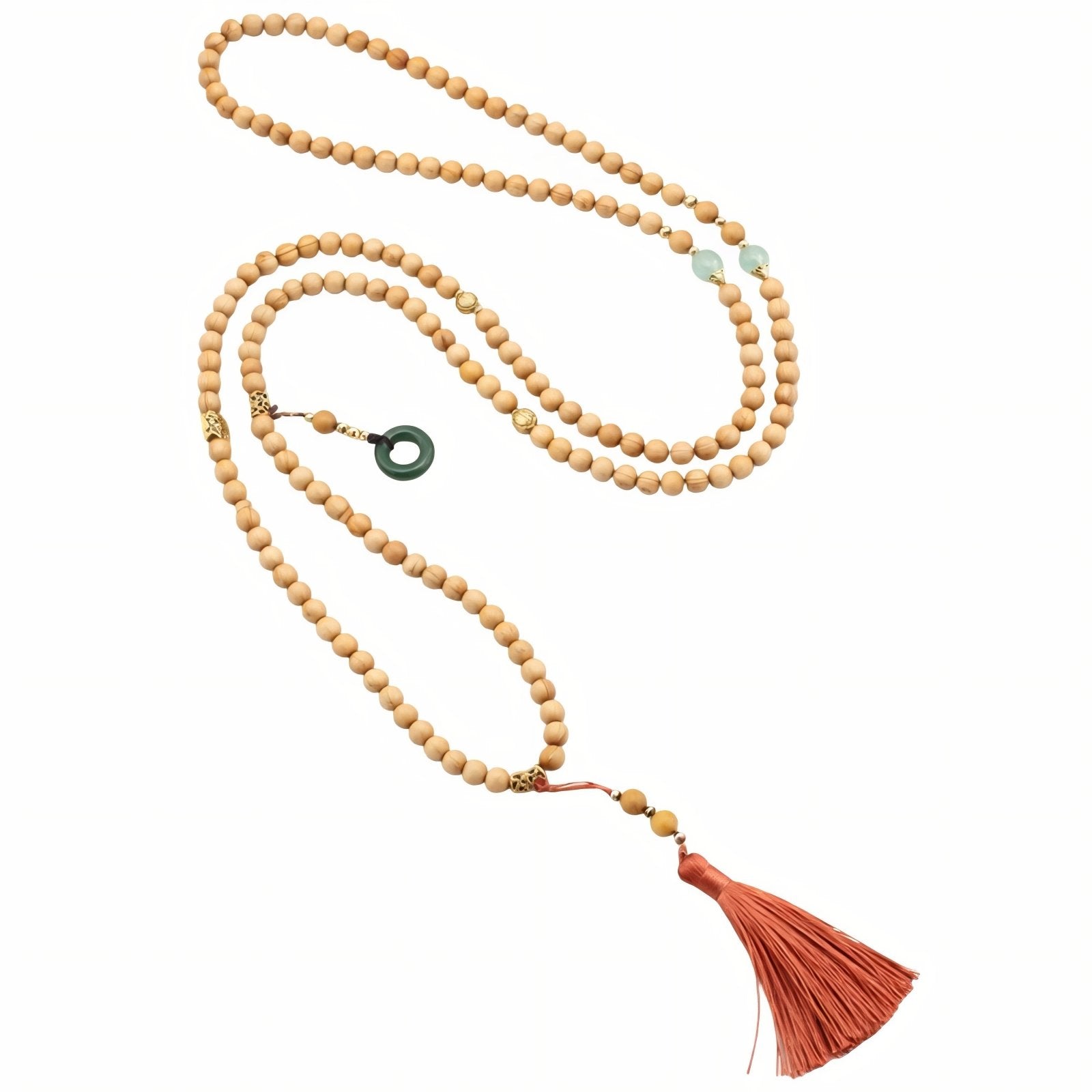 Collier en perles de bois naturel avec pompon, ornements en alliage métallique, style bohème