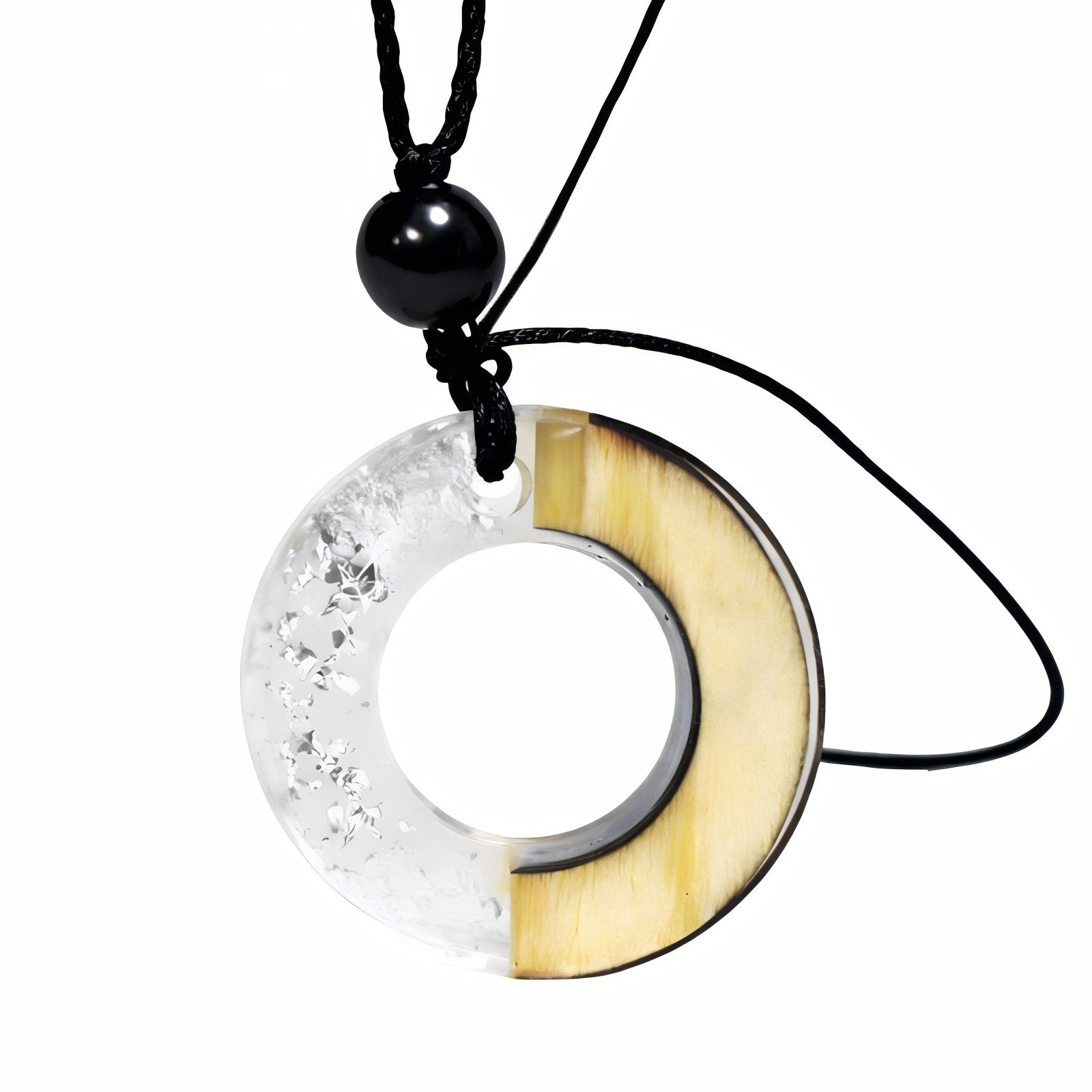 Collier en résine et bois naturel, avec pendentif circulaire, cordon noir ajustable