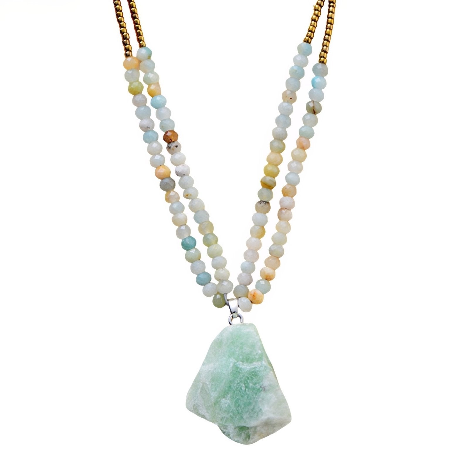 Collier ethnique double rang, pendentif en pierre brute d’amazonite, perles naturelles pastel