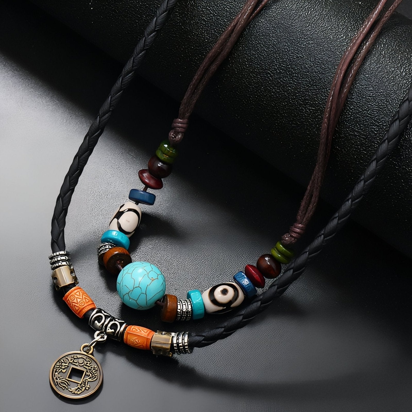 Collier ethnique double rangs unisexe, cuir noir et marron, perle turquoise et pièce ancienne