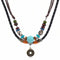 Collier ethnique double rangs unisexe, cuir noir et marron, perle turquoise et pièce ancienne