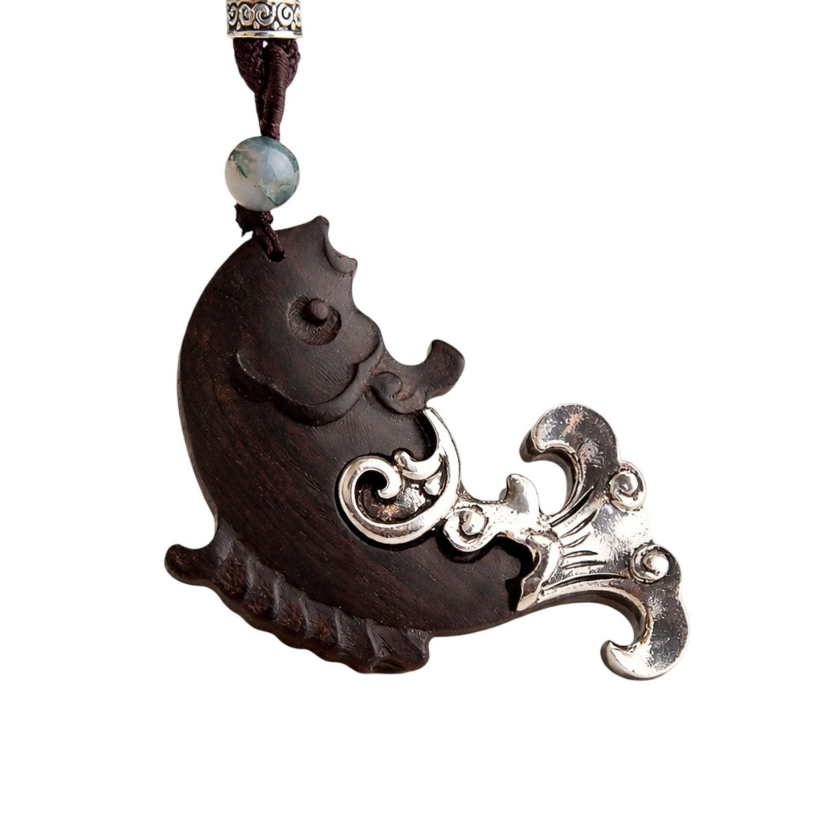 Collier ethnique en bois d’ébène noir sculpté, avec pendentif symbolique, alliage métallique et cordon