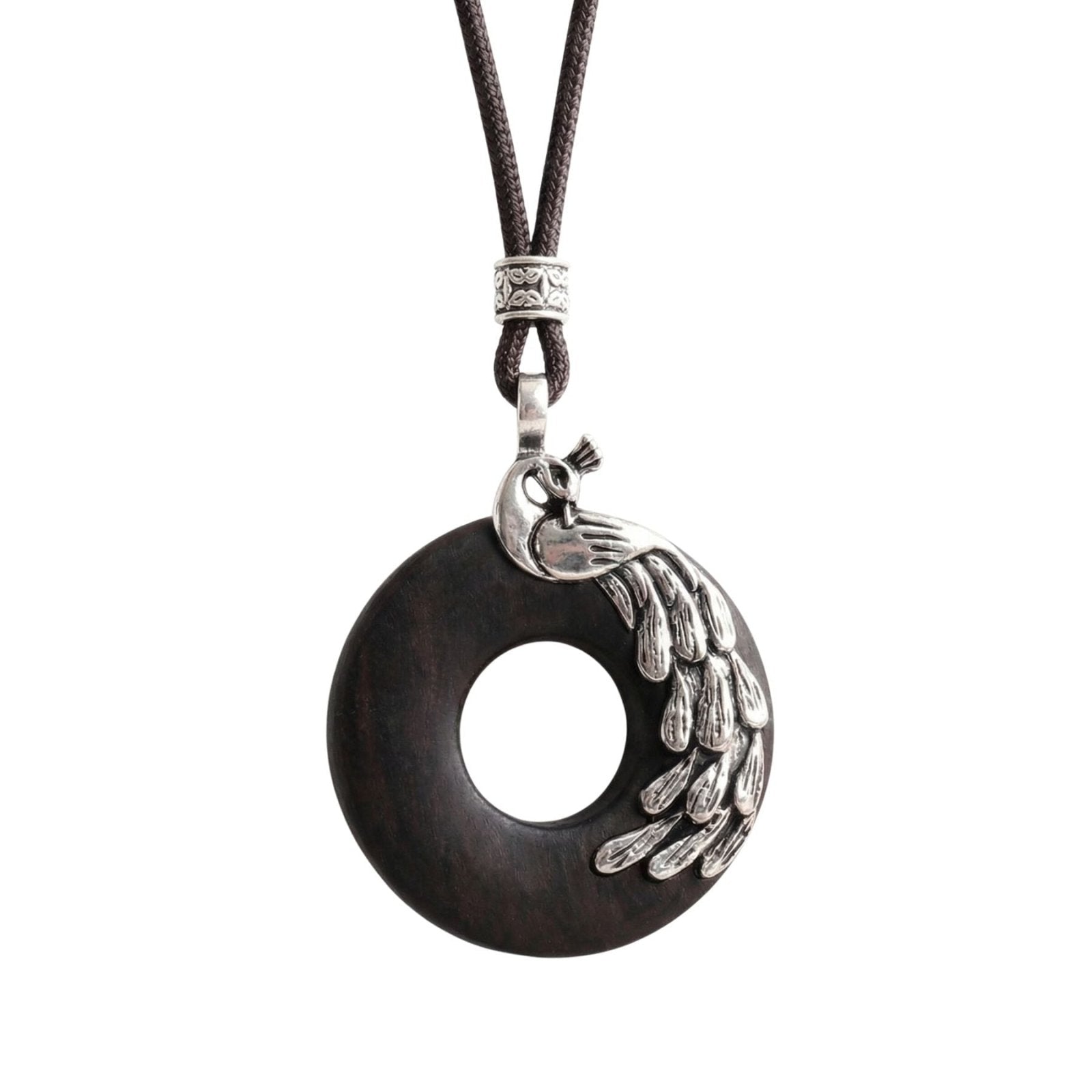 Collier ethnique en bois d’ébène noir sculpté, avec pendentif symbolique, alliage métallique et cordon