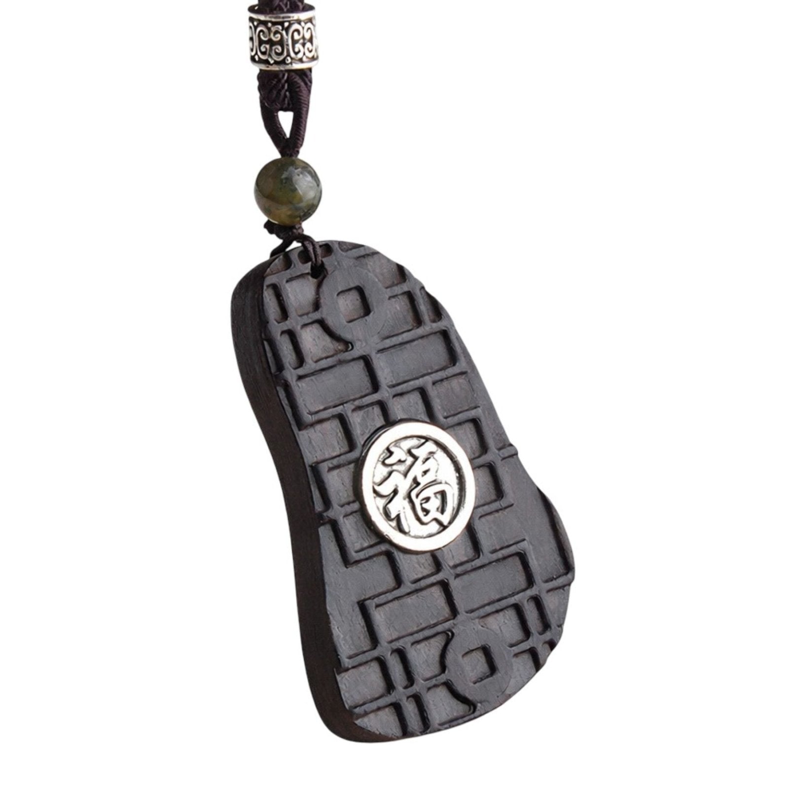 Collier ethnique en bois d’ébène noir sculpté, avec pendentif symbolique, alliage métallique et cordon