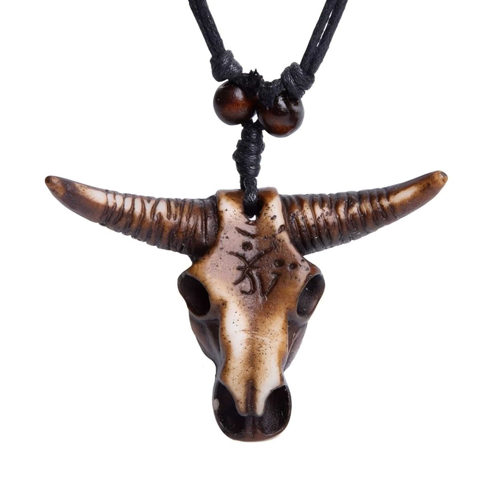 Collier ethnique style western, tête de taureau, cordon ajustable et résine sculptée