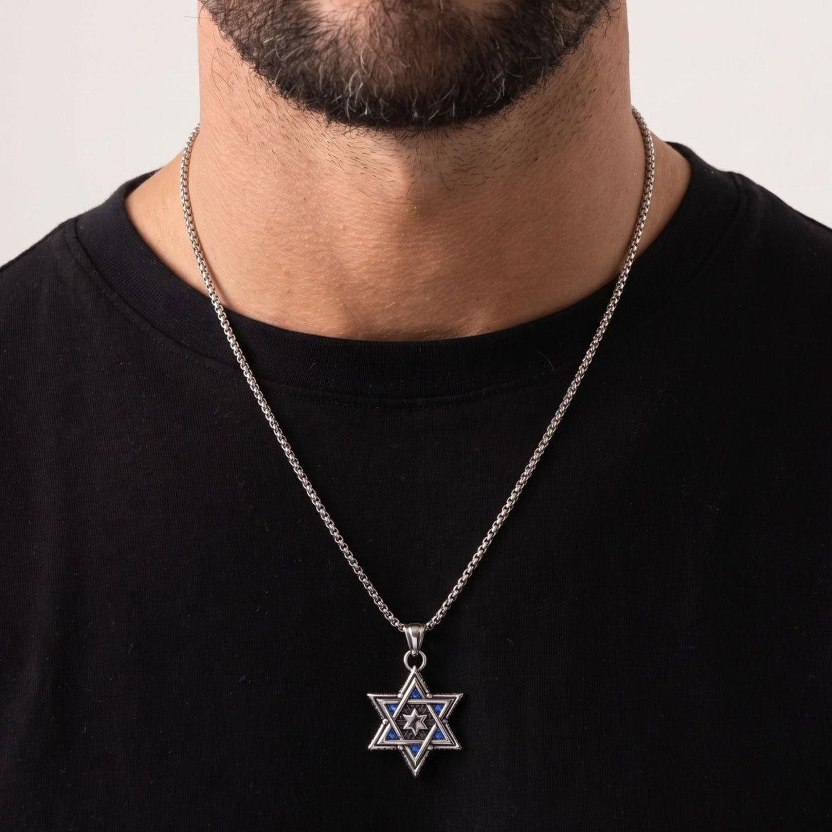 Collier étoile de David pour homme, en acier inoxydable, pendentif argenté orné de pierres bleues