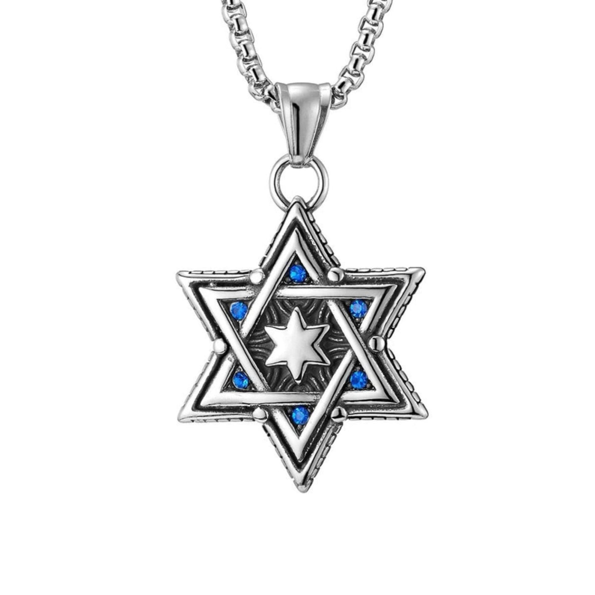 Collier étoile de David pour homme, en acier inoxydable, pendentif argenté orné de pierres bleues
