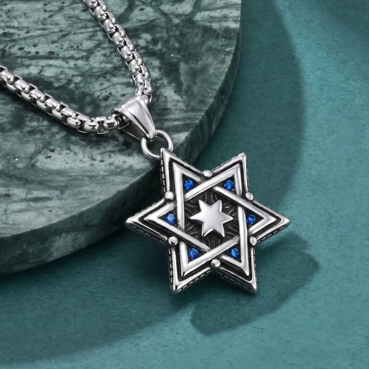 Collier étoile de David pour homme, en acier inoxydable, pendentif argenté orné de pierres bleues