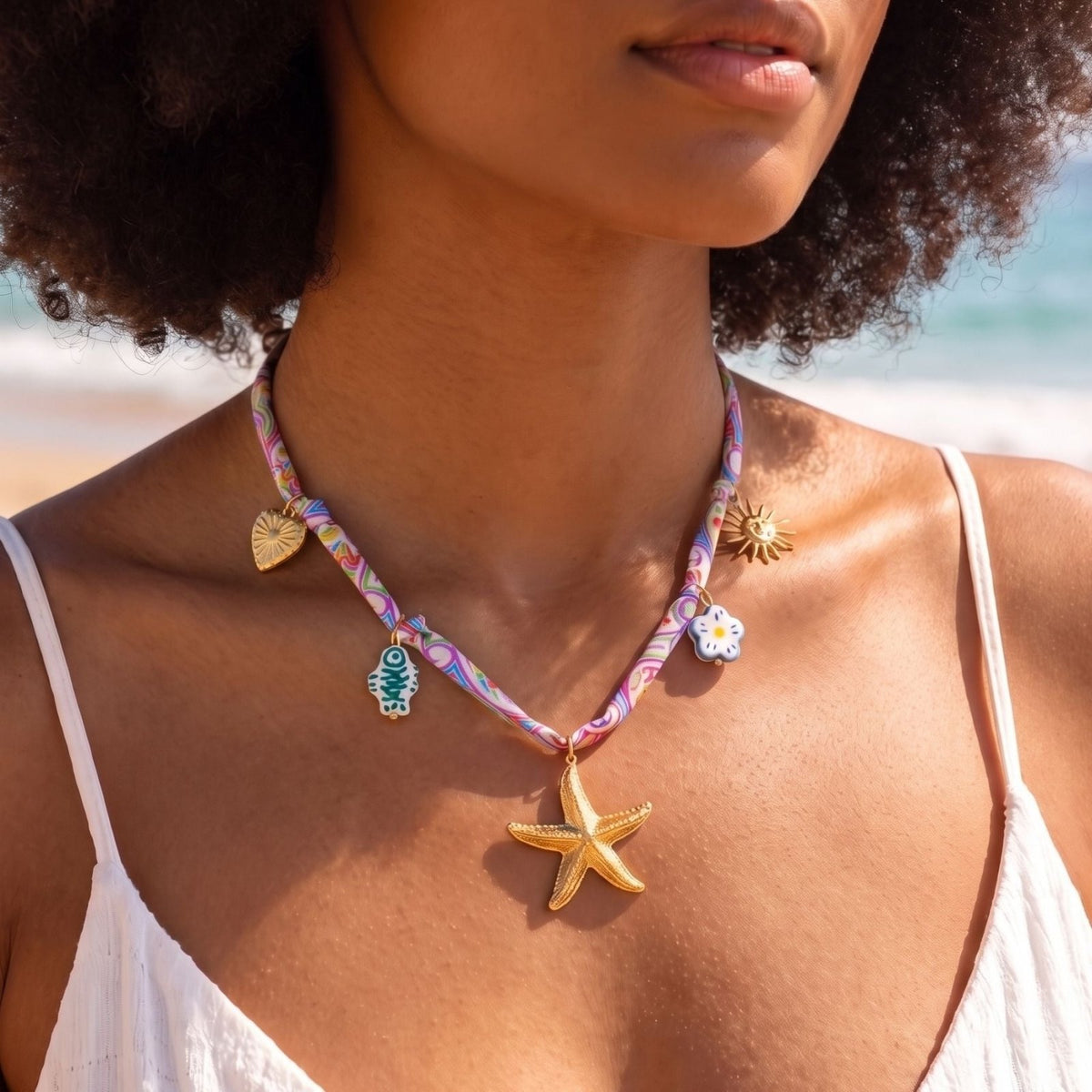 Collier étoile de mer pour femme, en acier inoxydable doré, cordon multicolore avec soleil et breloques marines