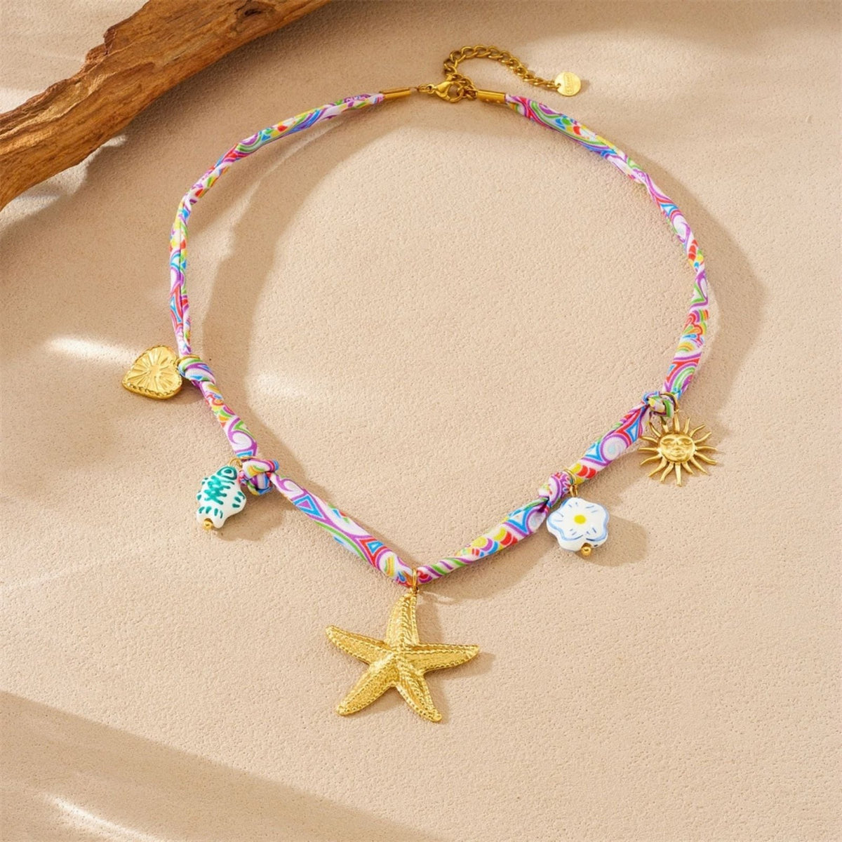 Collier étoile de mer pour femme, en acier inoxydable doré, cordon multicolore avec soleil et breloques marines