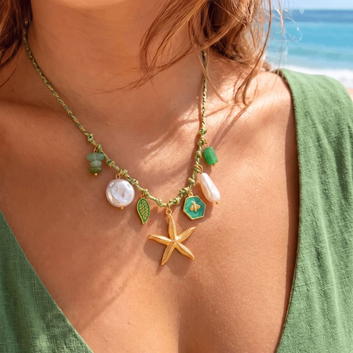 Collier étoile de mer pour femme, en acier inoxydable doré, cordon vert tressé avec perles et charms marins
