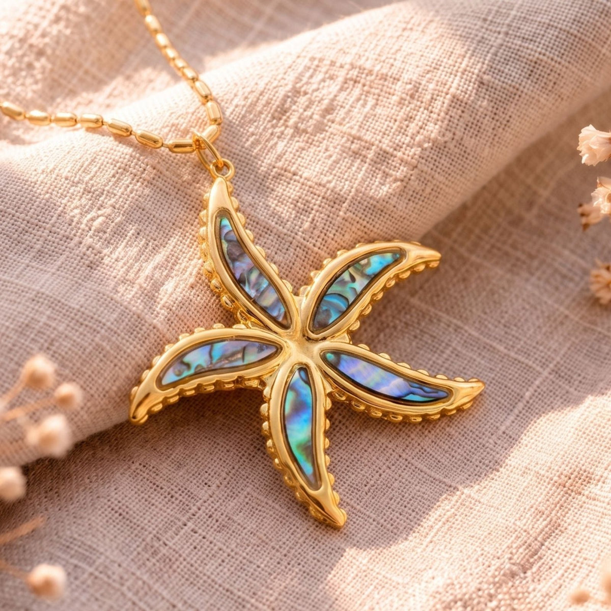 Collier étoile de mer pour femme, en acier inoxydable doré, émail irisé bleu et vert