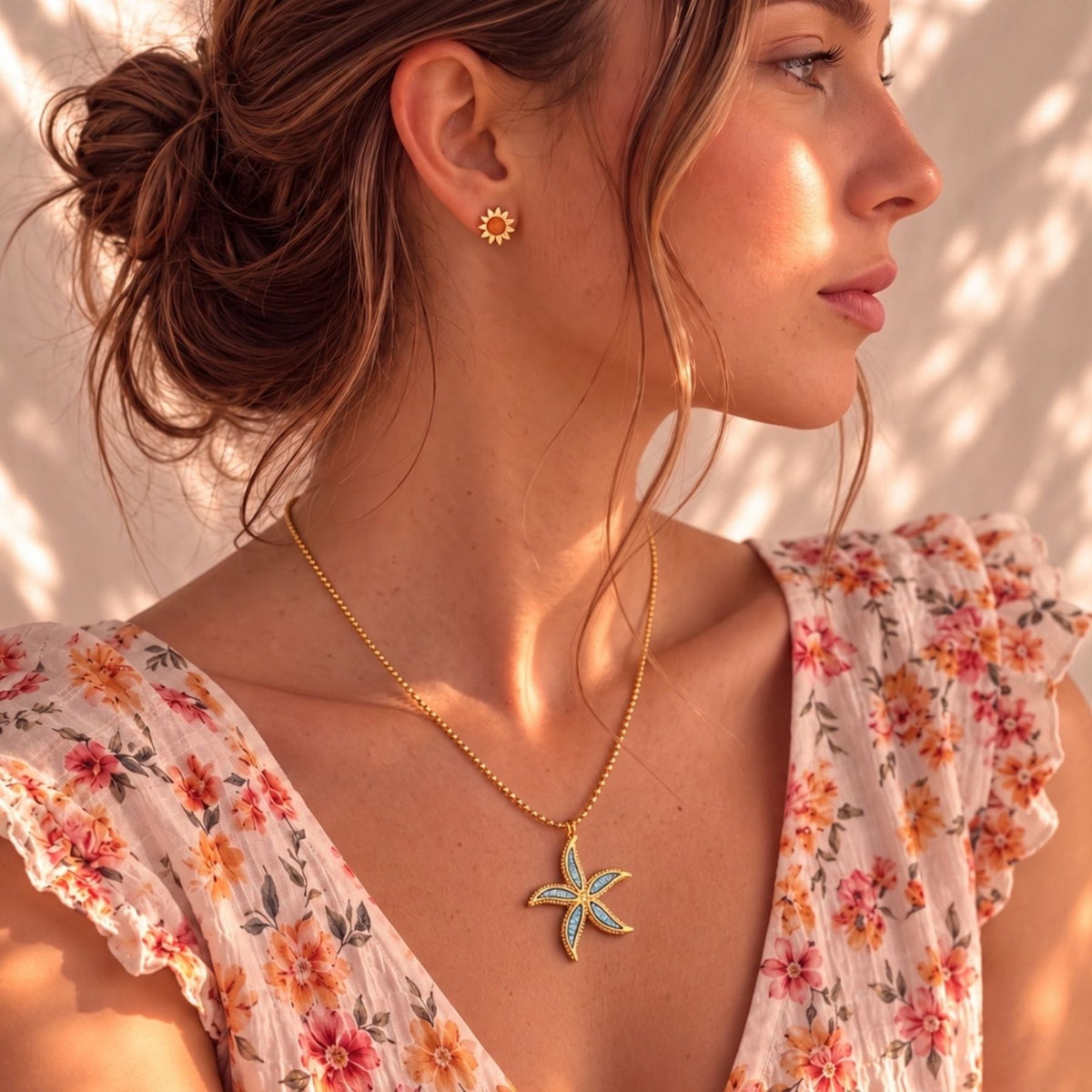 Collier étoile de mer pour femme, en acier inoxydable doré, émail irisé bleu et vert