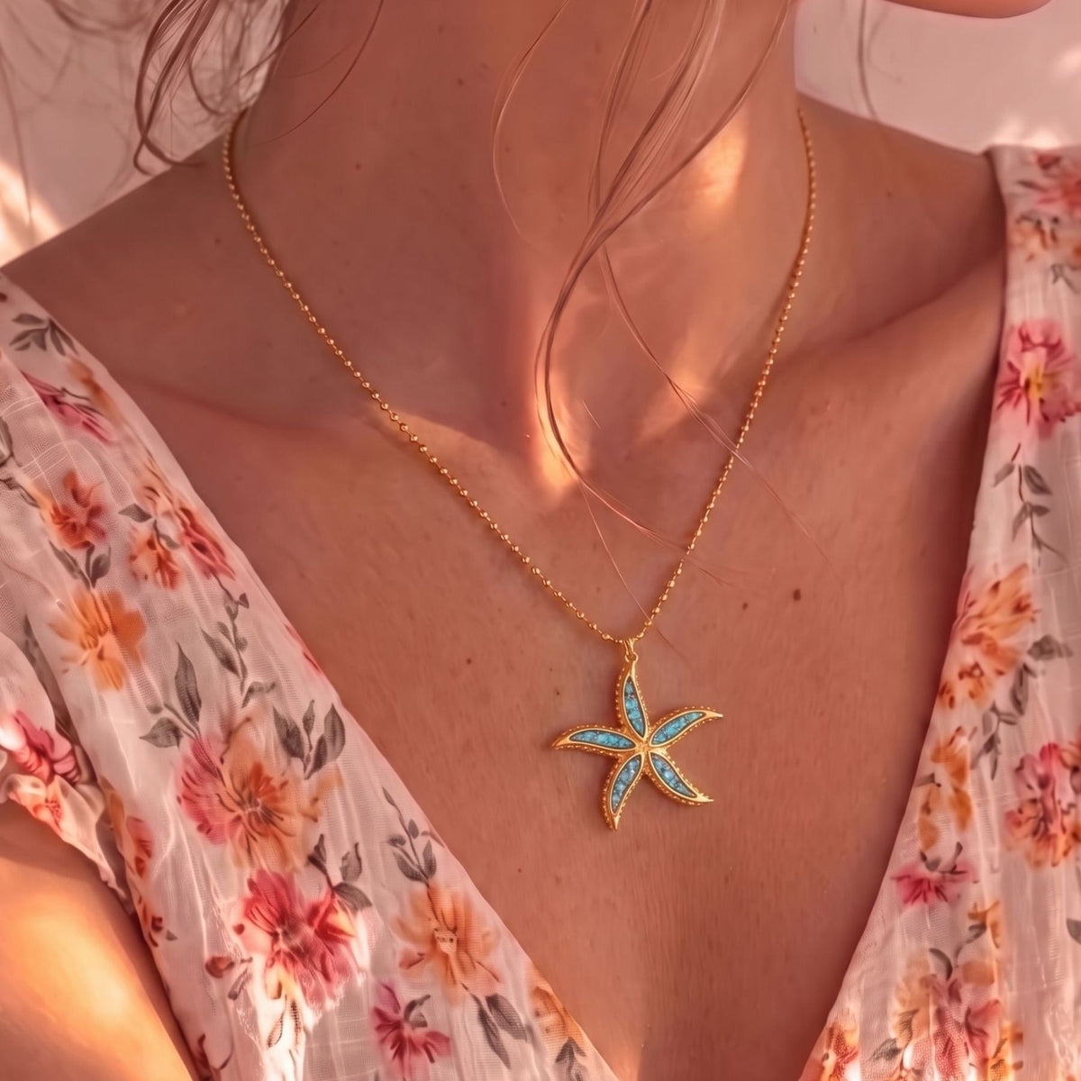 Collier étoile de mer pour femme, en acier inoxydable doré, émail irisé bleu et vert