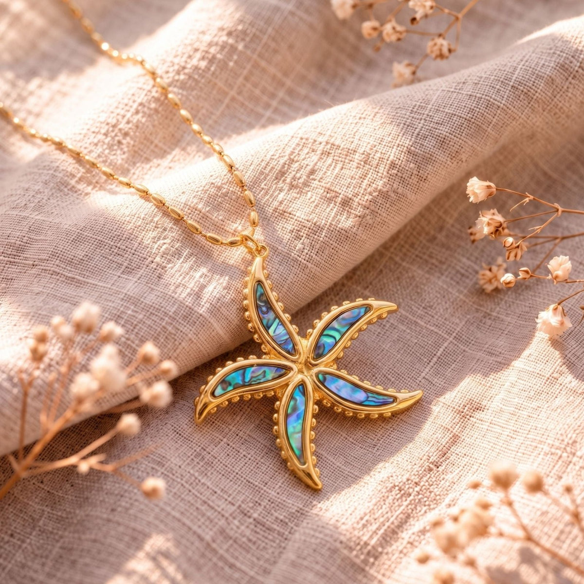 Collier étoile de mer pour femme, en acier inoxydable doré, émail irisé bleu et vert