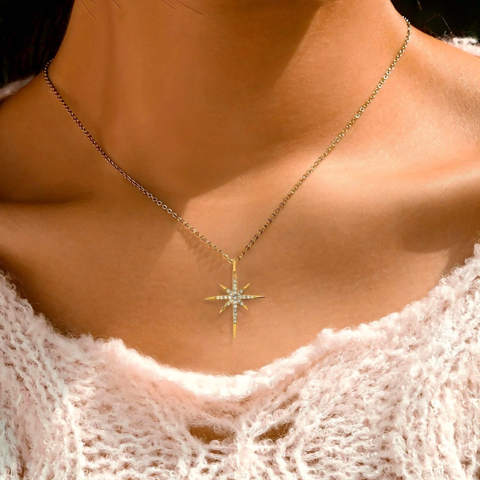 Collier étoile du Nord en argent 925 doré, pendentif zircon, chaine extensible, modèle Amy