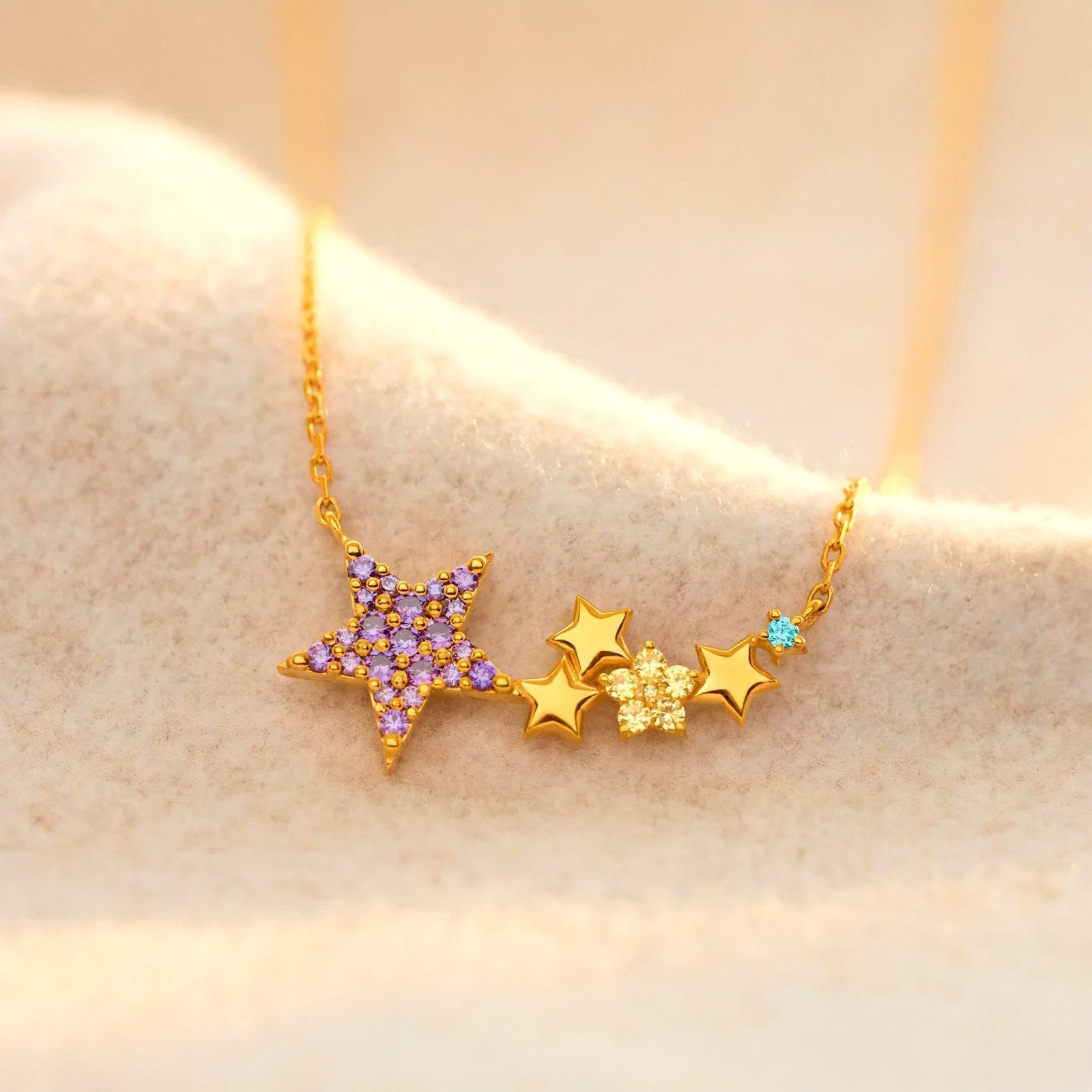 Collier étoile en argent 925 plaqué or, étoiles violettes et zircon turquoise, modèle Raegan