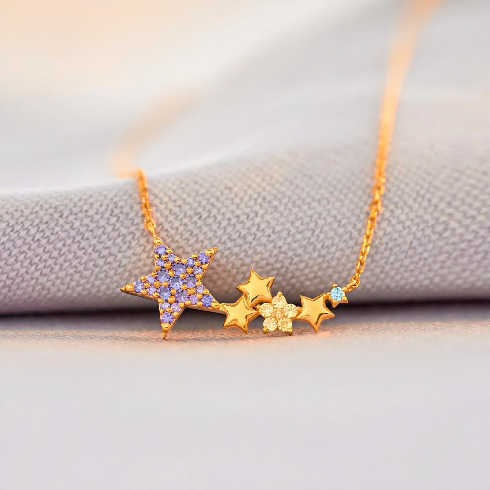 Collier étoile en argent 925 plaqué or, étoiles violettes et zircon turquoise, modèle Raegan