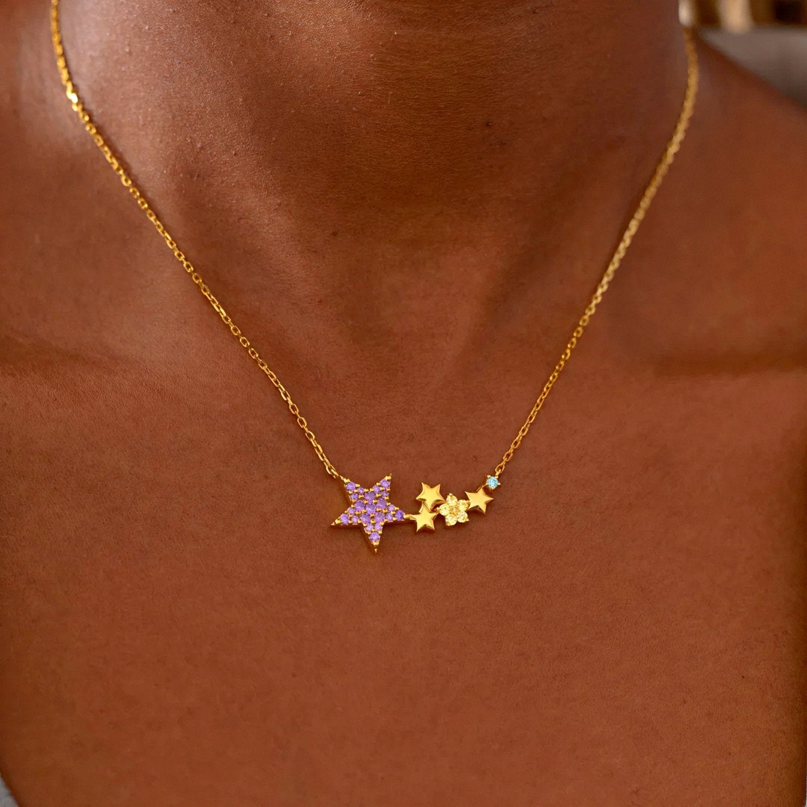 Collier étoile en argent 925 plaqué or, étoiles violettes et zircon turquoise, modèle Raegan
