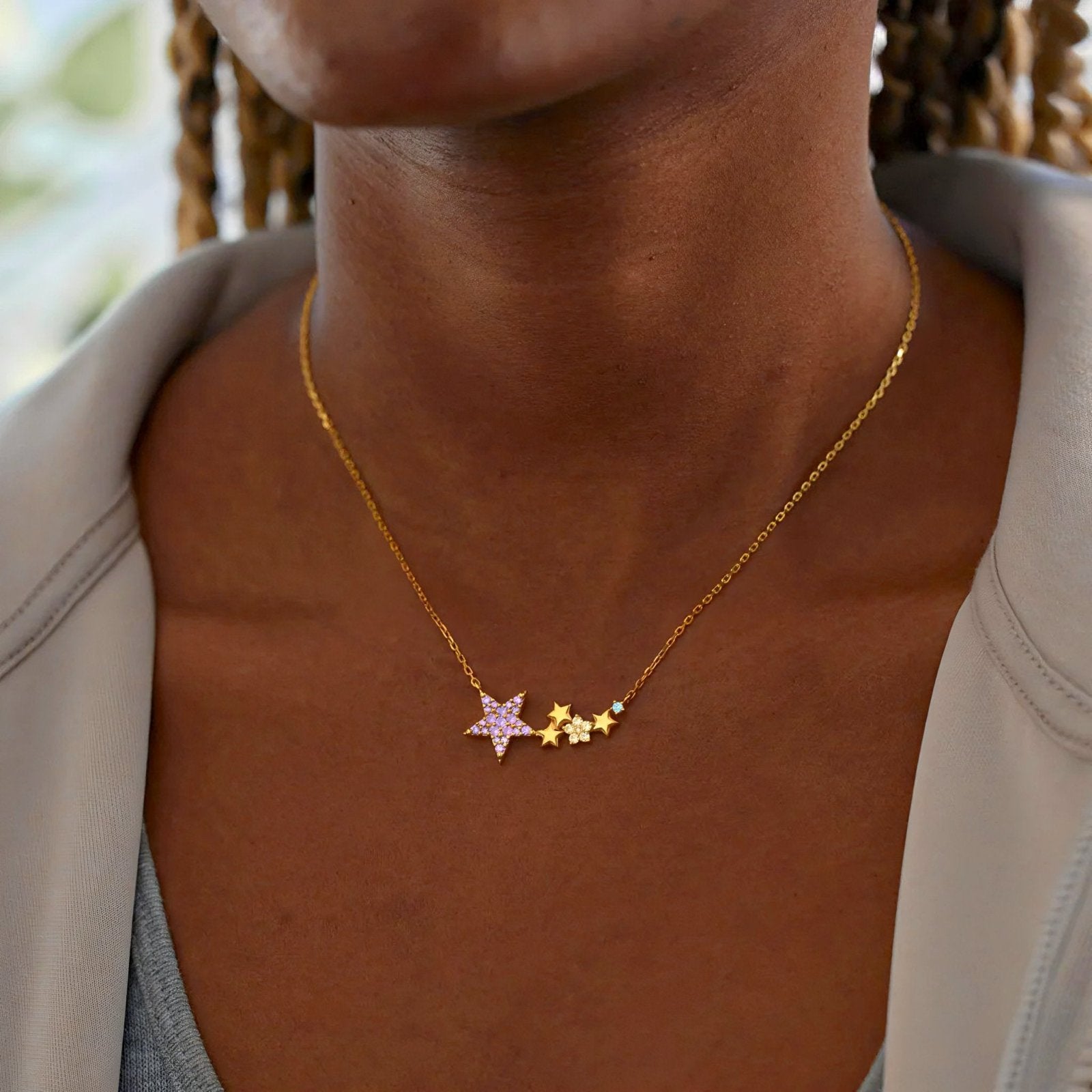 Collier étoile en argent 925 plaqué or, étoiles violettes et zircon turquoise, modèle Raegan