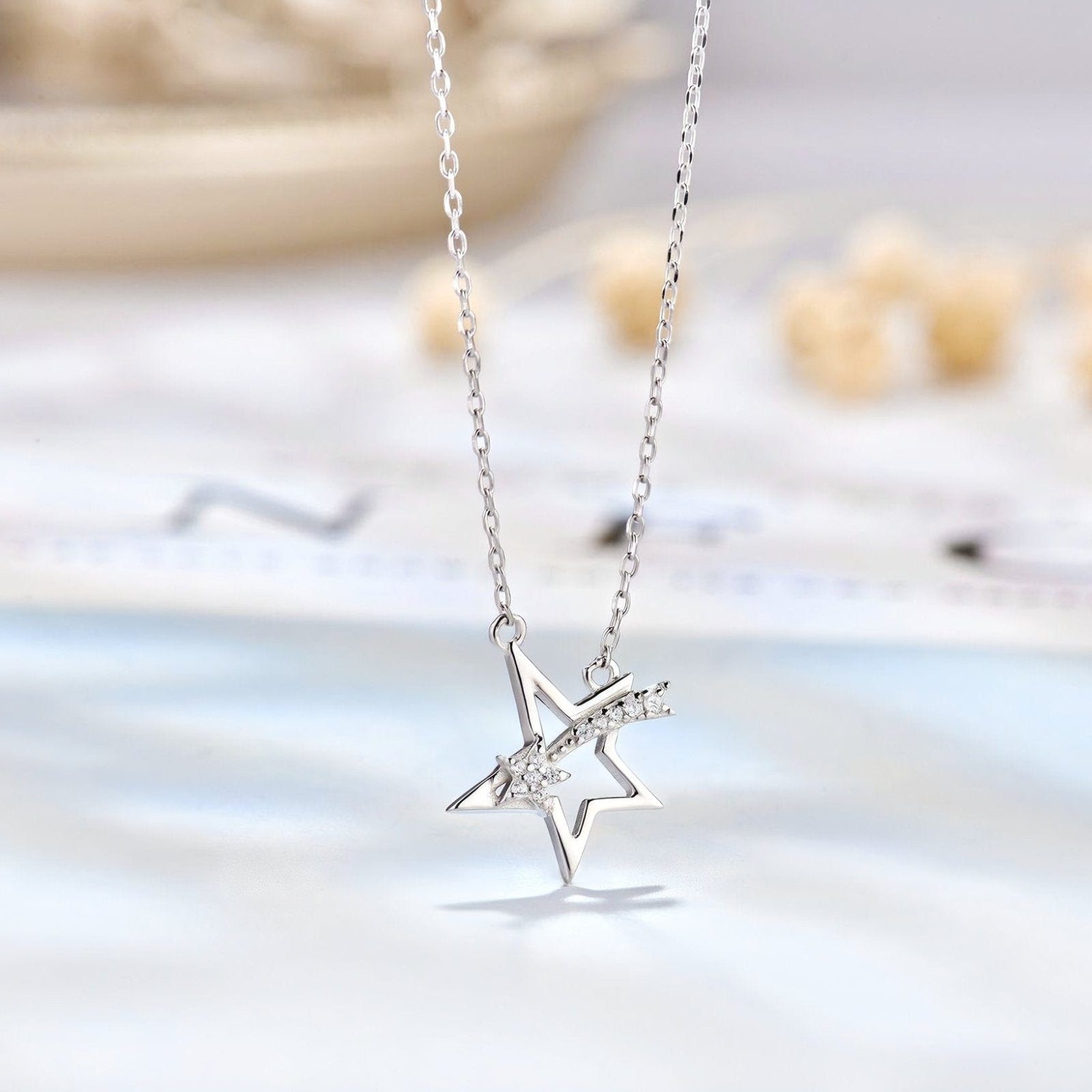 Collier étoile filante en argent 925, pendentif zircon, chaîne fine ajustable, modèle Katherine