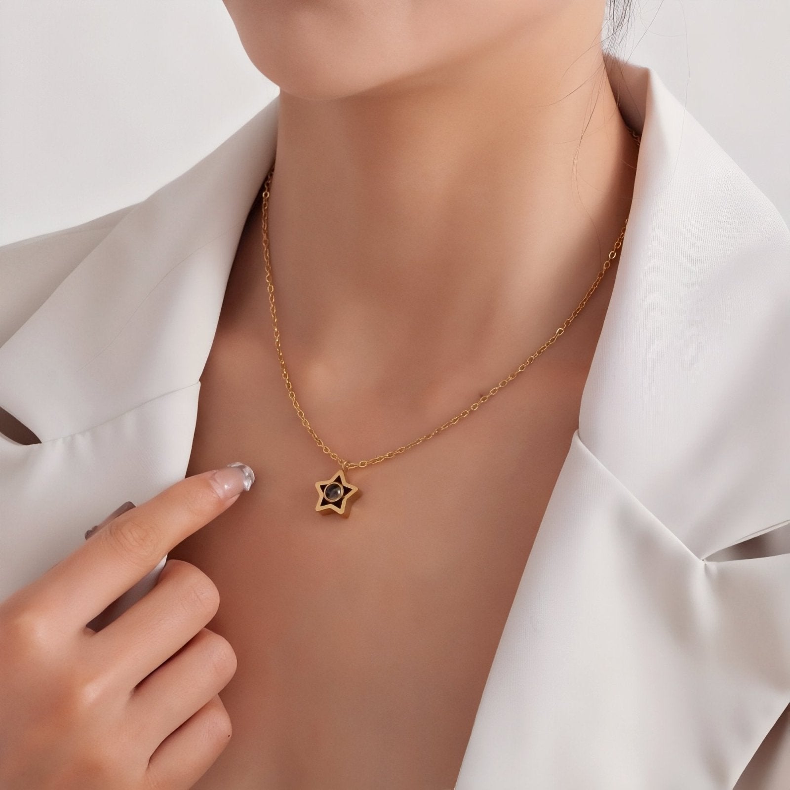 Collier étoile personnalisable, avec photo en projection, en acier inoxydable, modèle Star