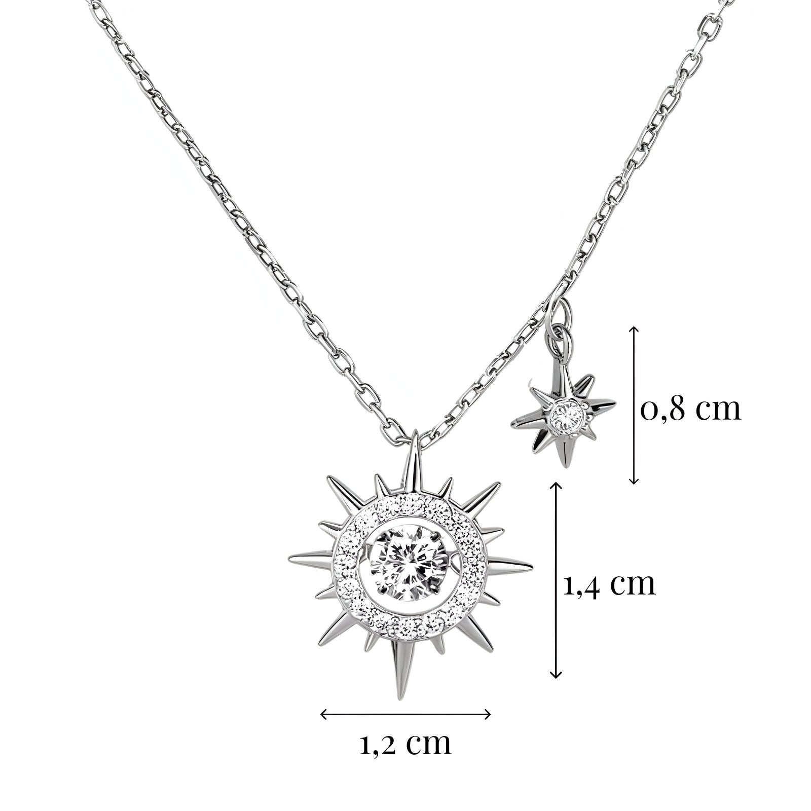 Collier étoile & soleil pour femme, plaqué or rose ou argenté, zircons brillants, maille forçat, modèle Astra