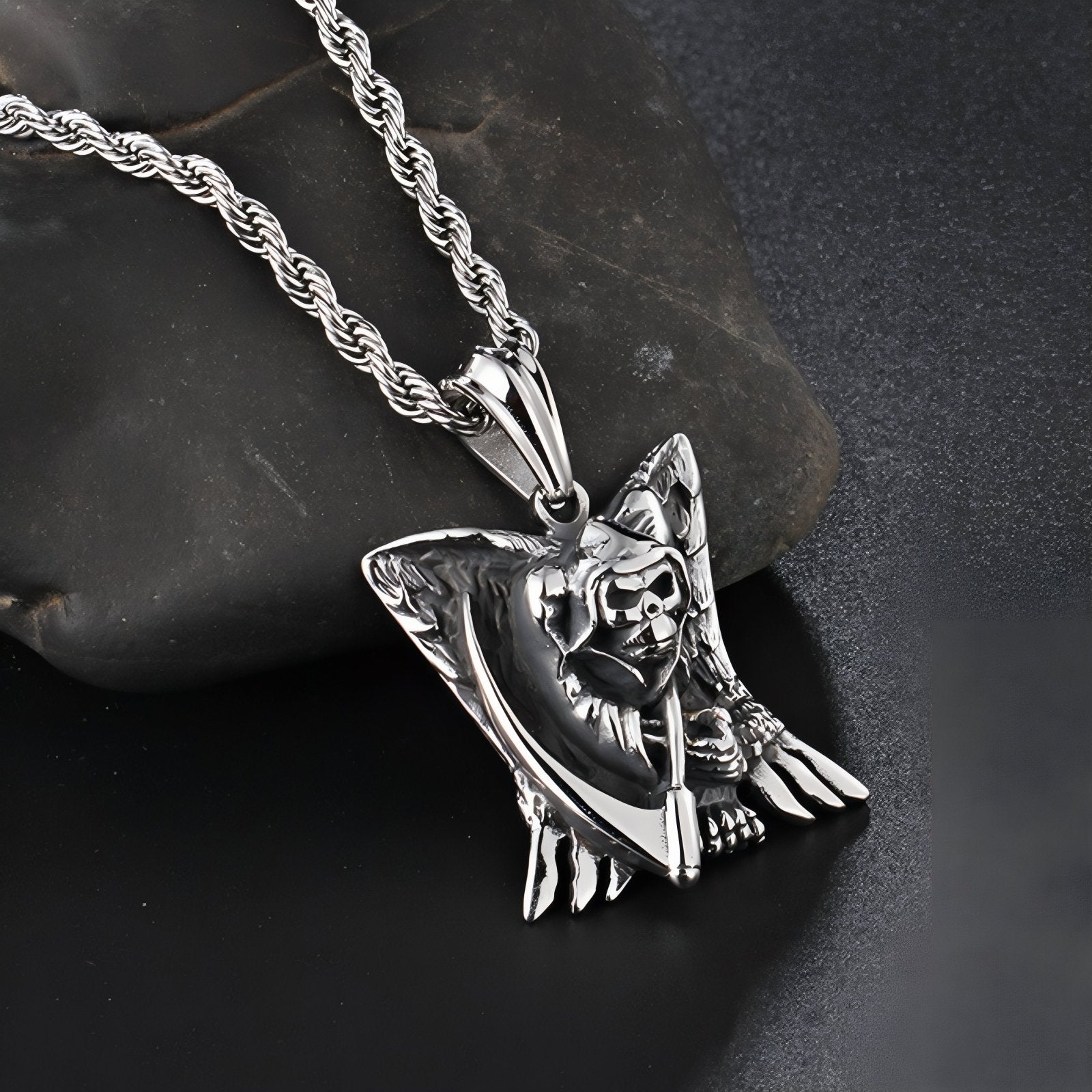 Collier faucheuse gothique pour homme, avec pendentif ange déchu, en acier inoxydable