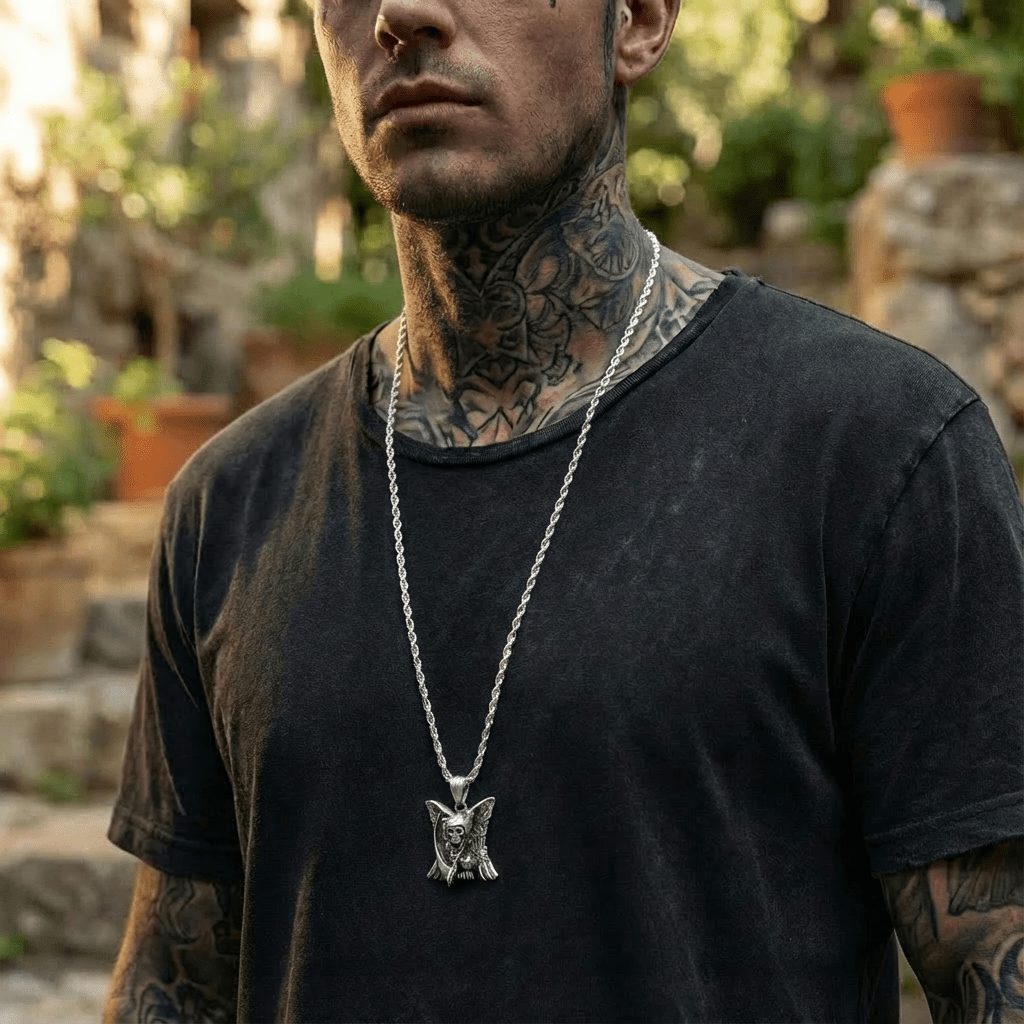 Collier faucheuse gothique pour homme, avec pendentif ange déchu, en acier inoxydable