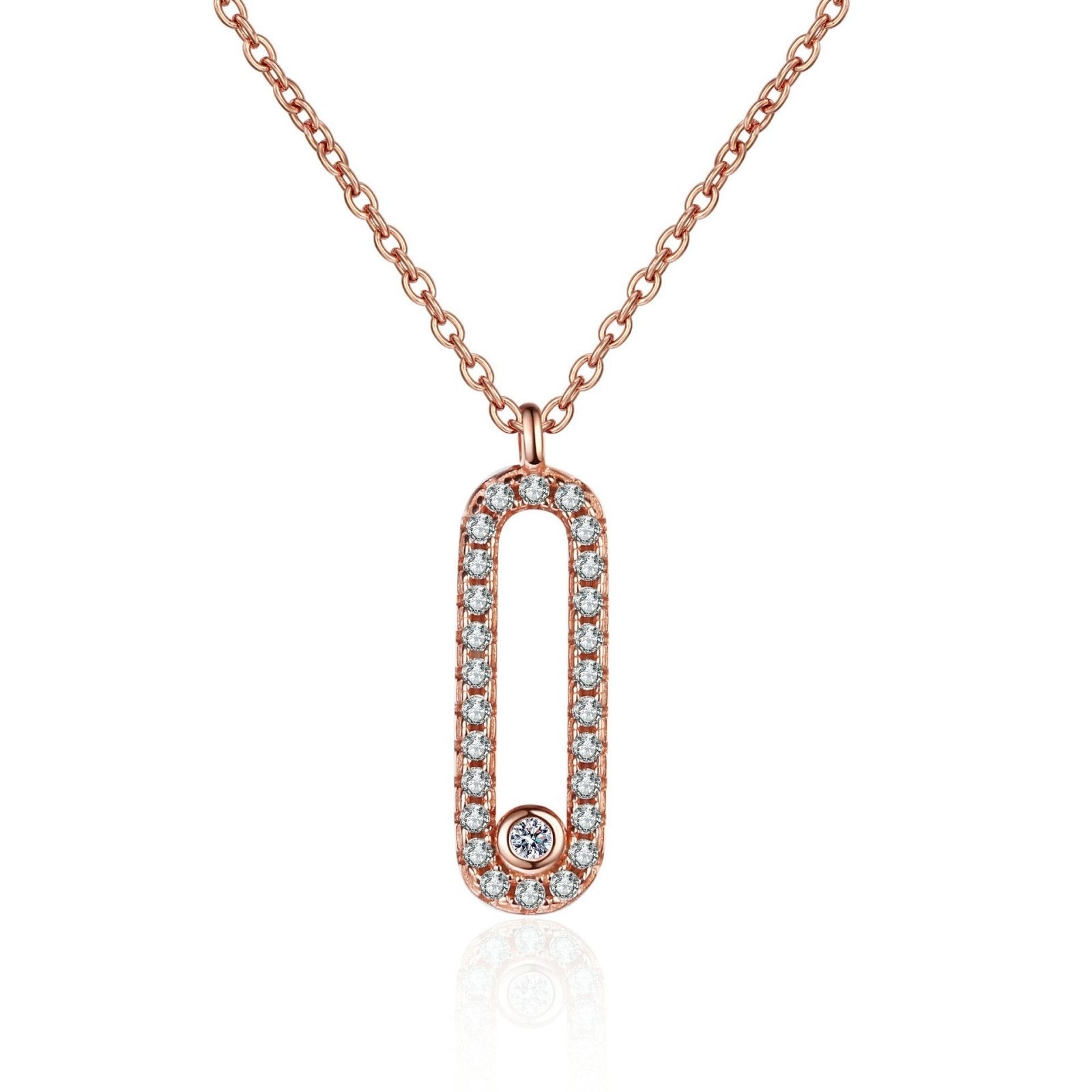 Collier femme élégant, pendentif rectangle, argent 925 plaqué or rose et moissanite scintillante