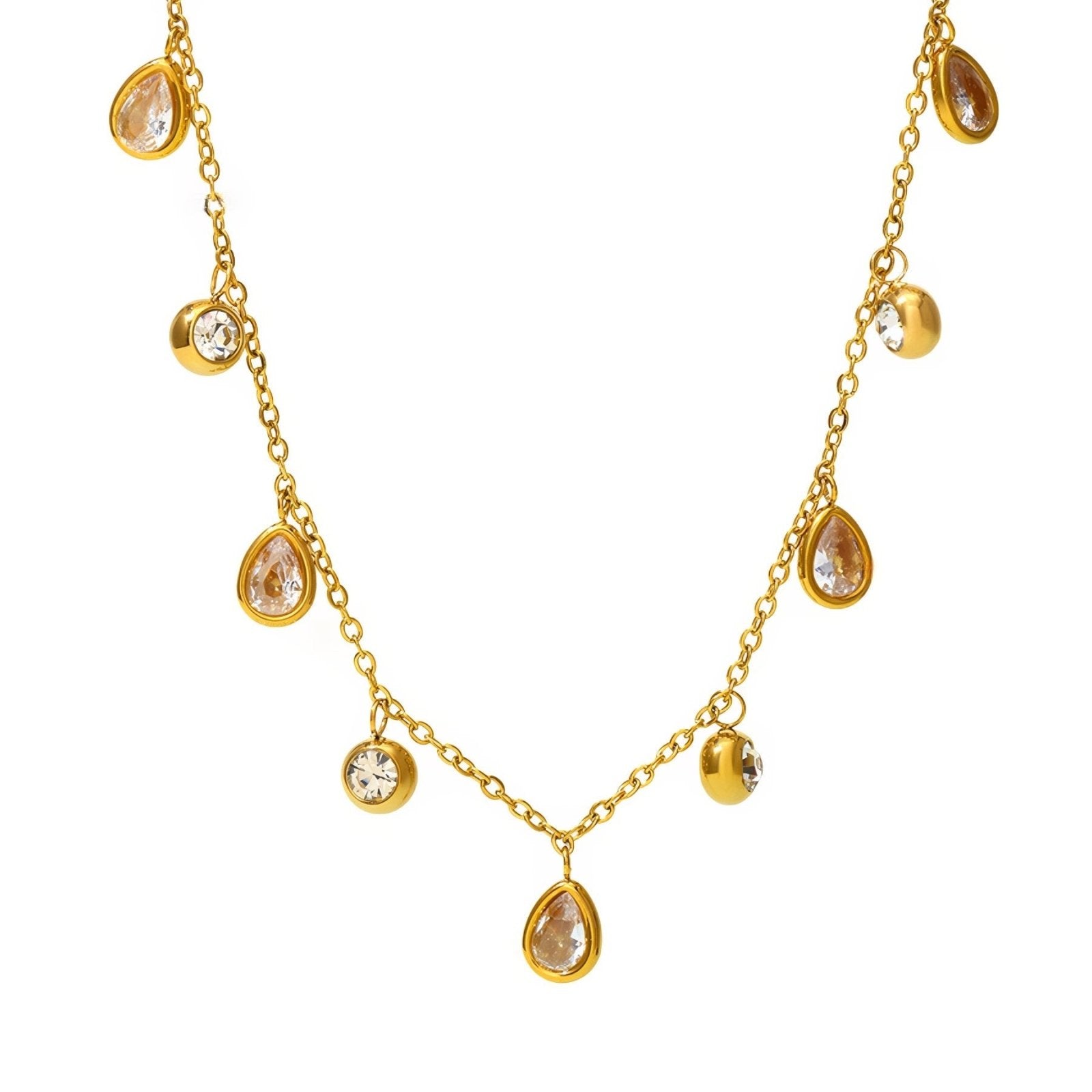 Collier femme pampilles gouttes zircon coloré, acier inoxydable plaqué or 18K