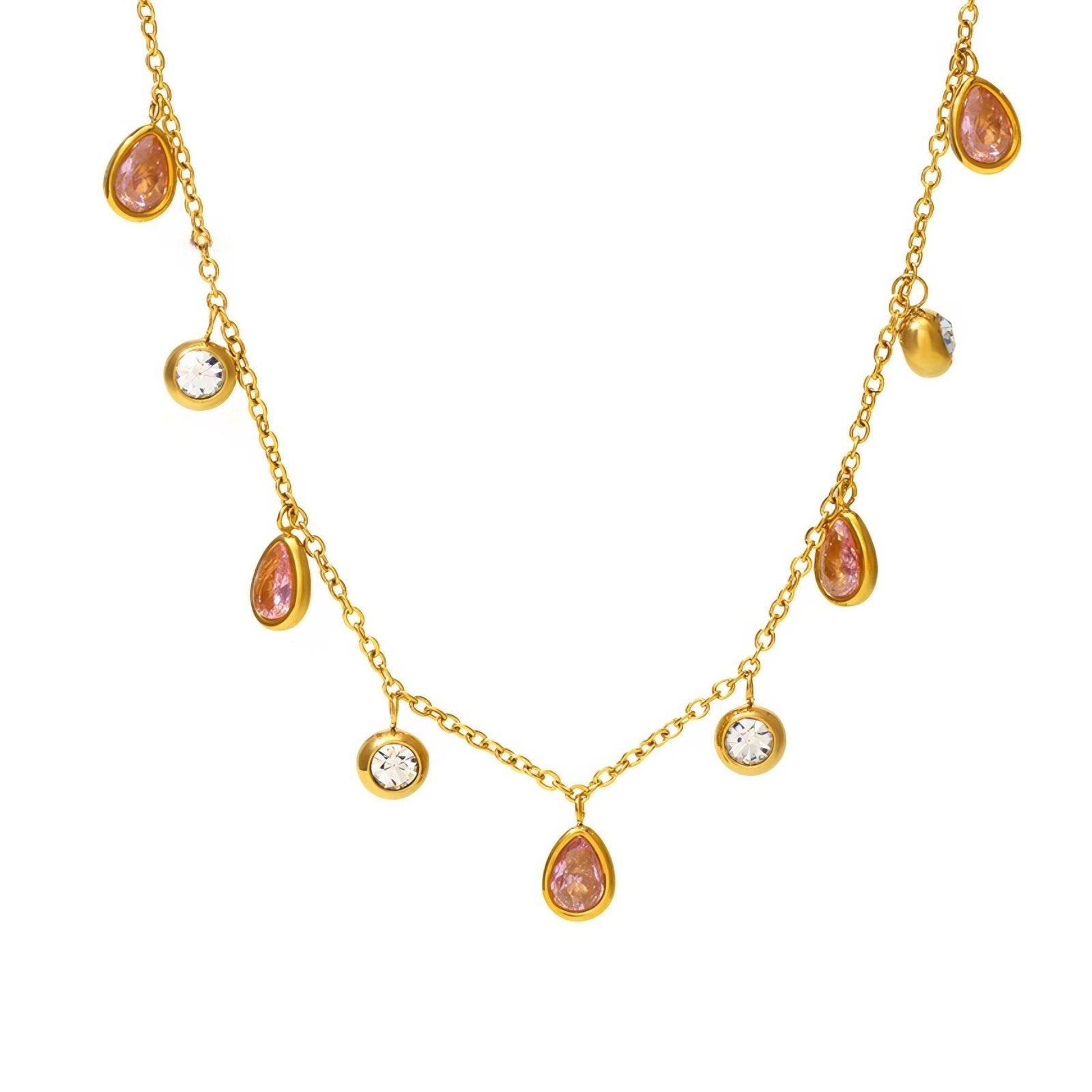 Collier femme pampilles gouttes zircon coloré, acier inoxydable plaqué or 18K