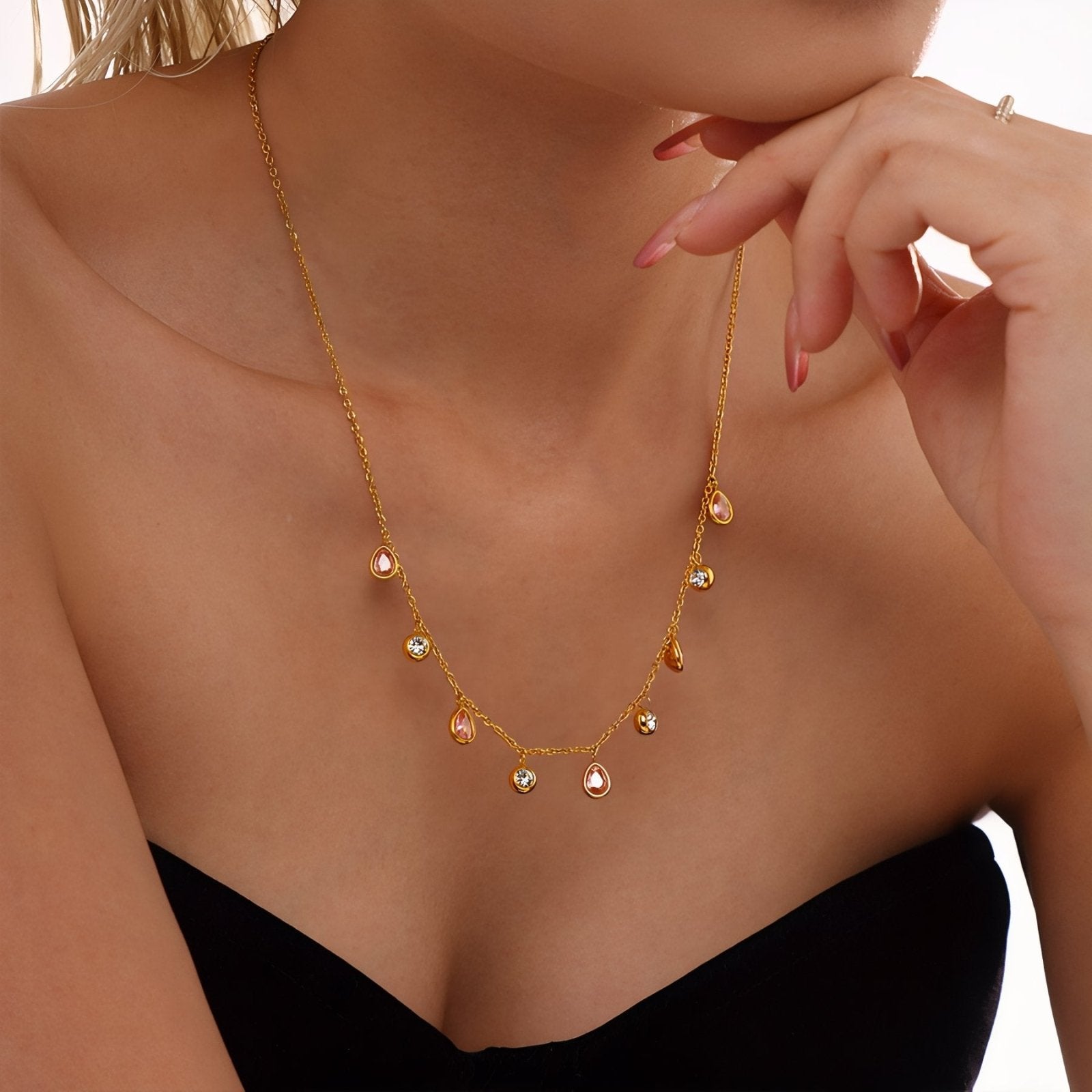 Collier femme pampilles gouttes zircon coloré, acier inoxydable plaqué or 18K