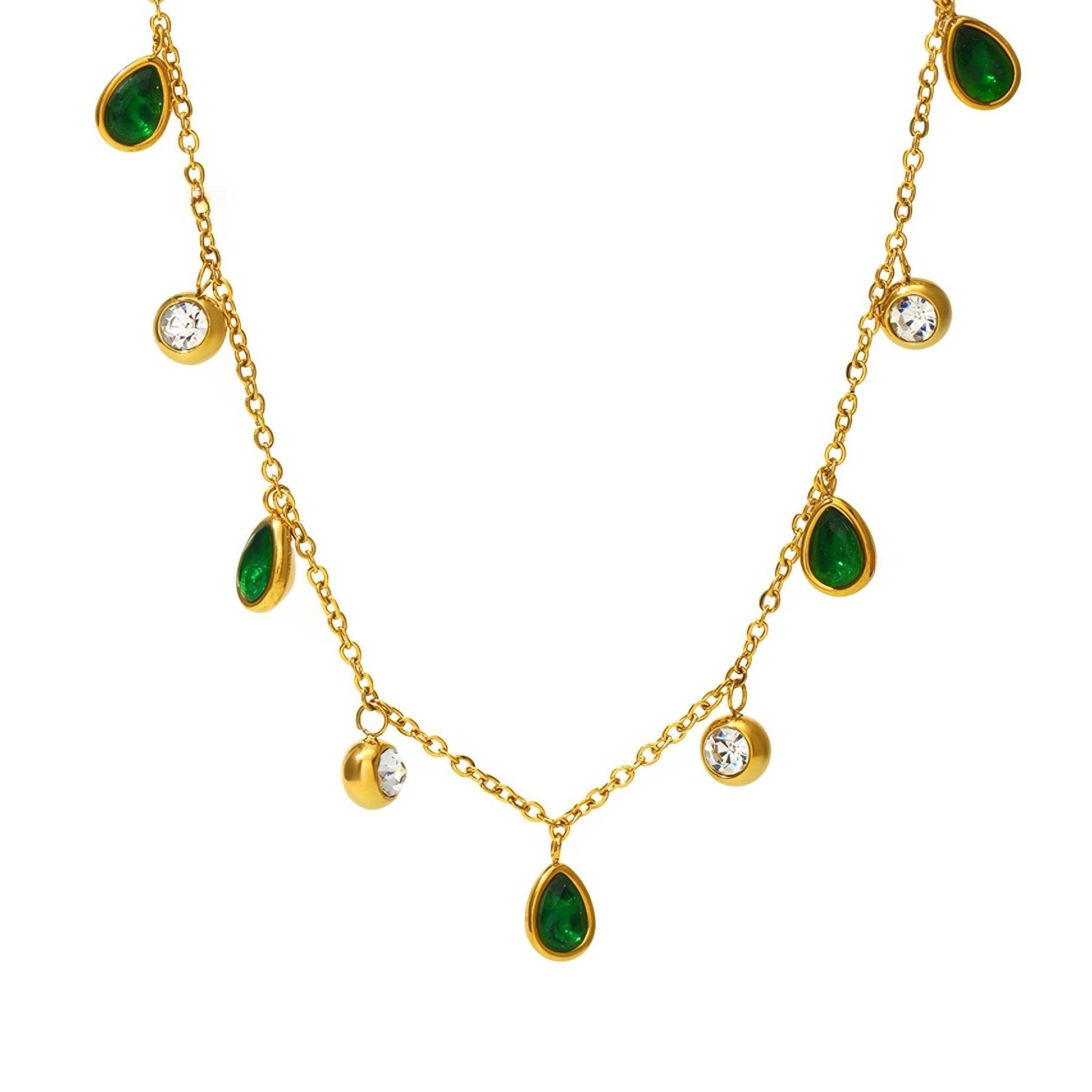 Collier femme pampilles gouttes zircon coloré, acier inoxydable plaqué or 18K