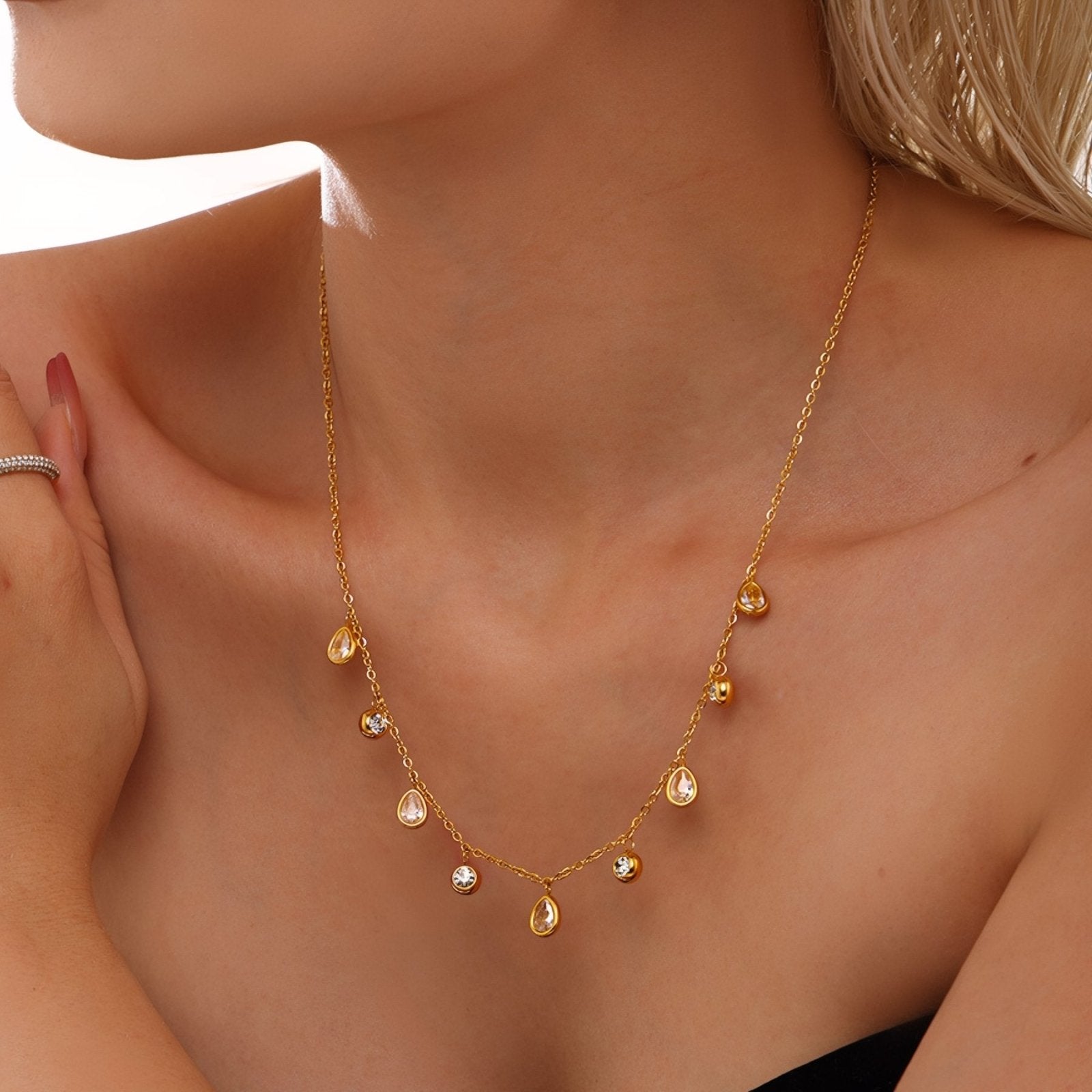 Collier femme pampilles gouttes zircon coloré, acier inoxydable plaqué or 18K