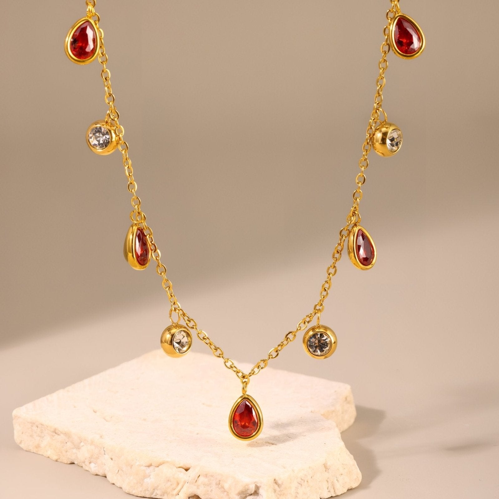 Collier femme pampilles gouttes zircon coloré, acier inoxydable plaqué or 18K