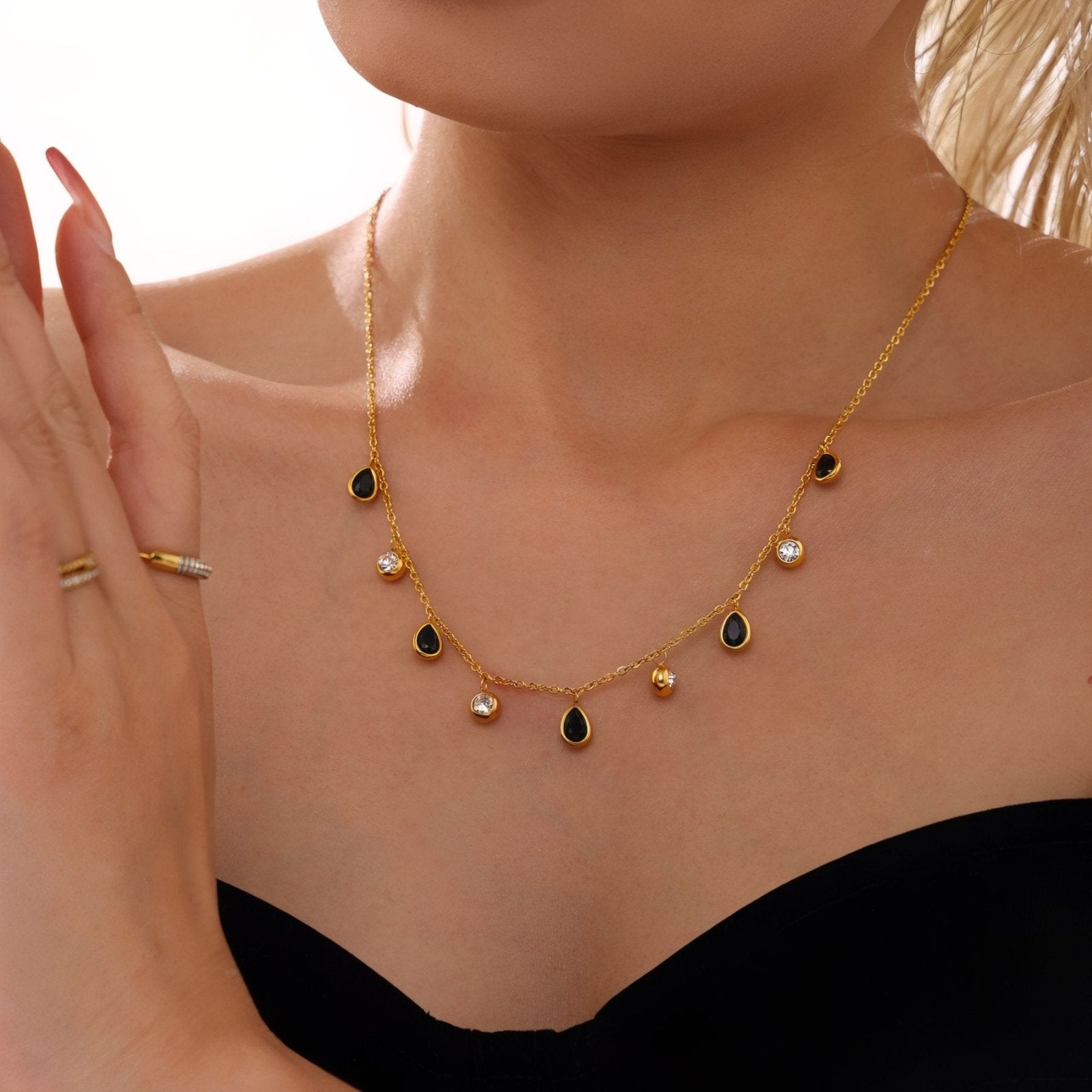 Collier femme pampilles gouttes zircon coloré, acier inoxydable plaqué or 18K
