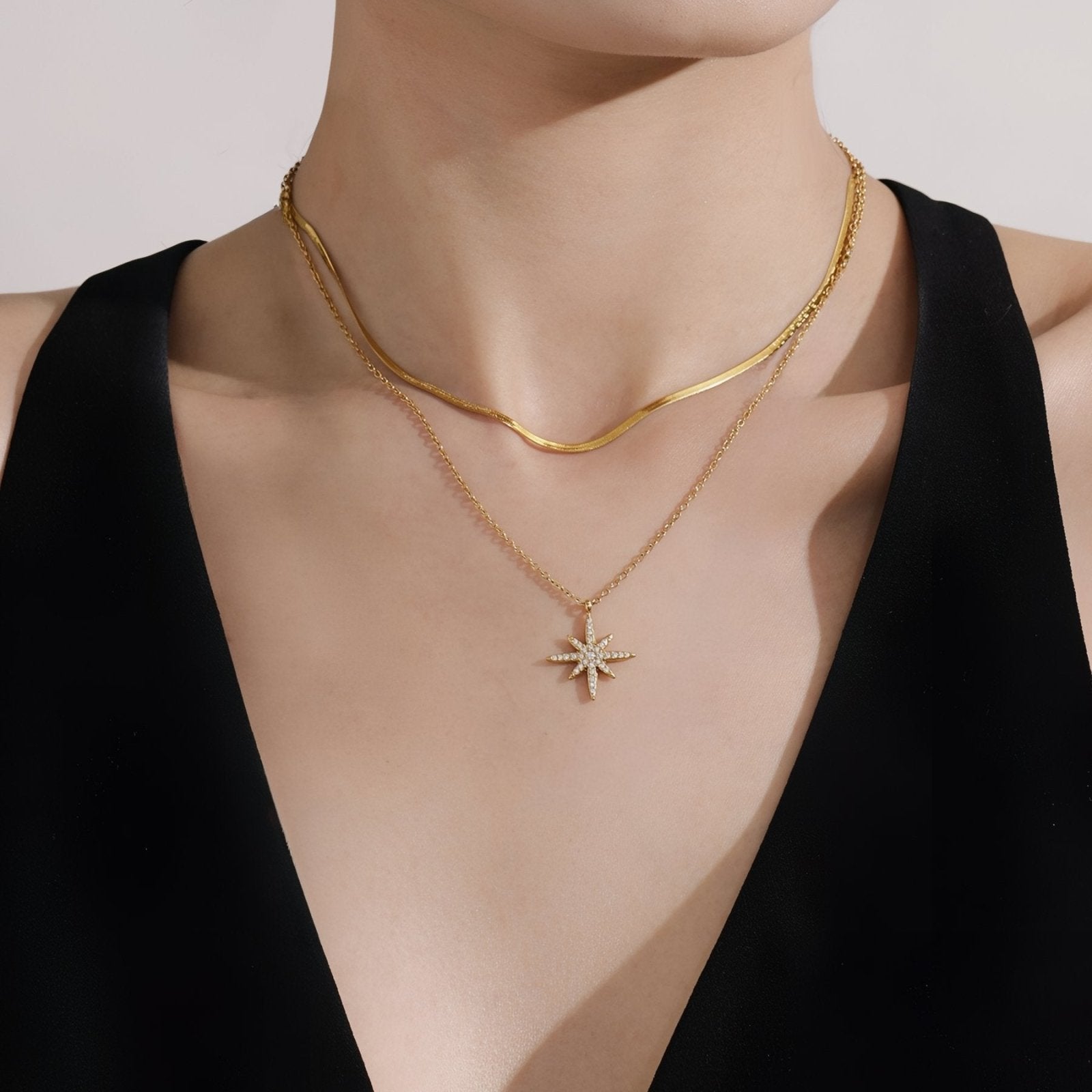 Collier femme pendentif météorite, or ou argent, en acier inoxydable et zircon scintillant