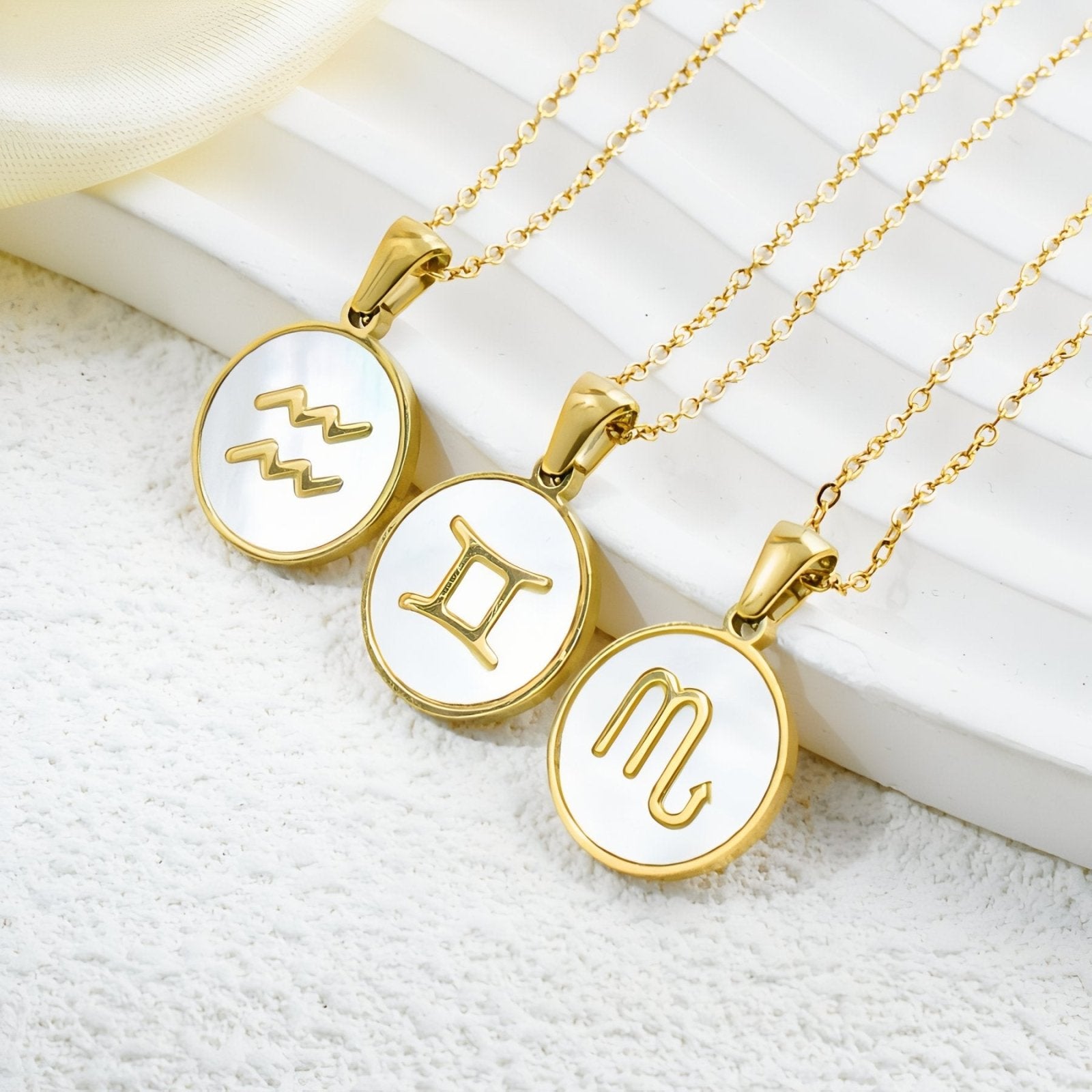 Collier femme signe astrologique, pendentif médaille en nacre et acier inoxydable, 12 signes du zodiaque