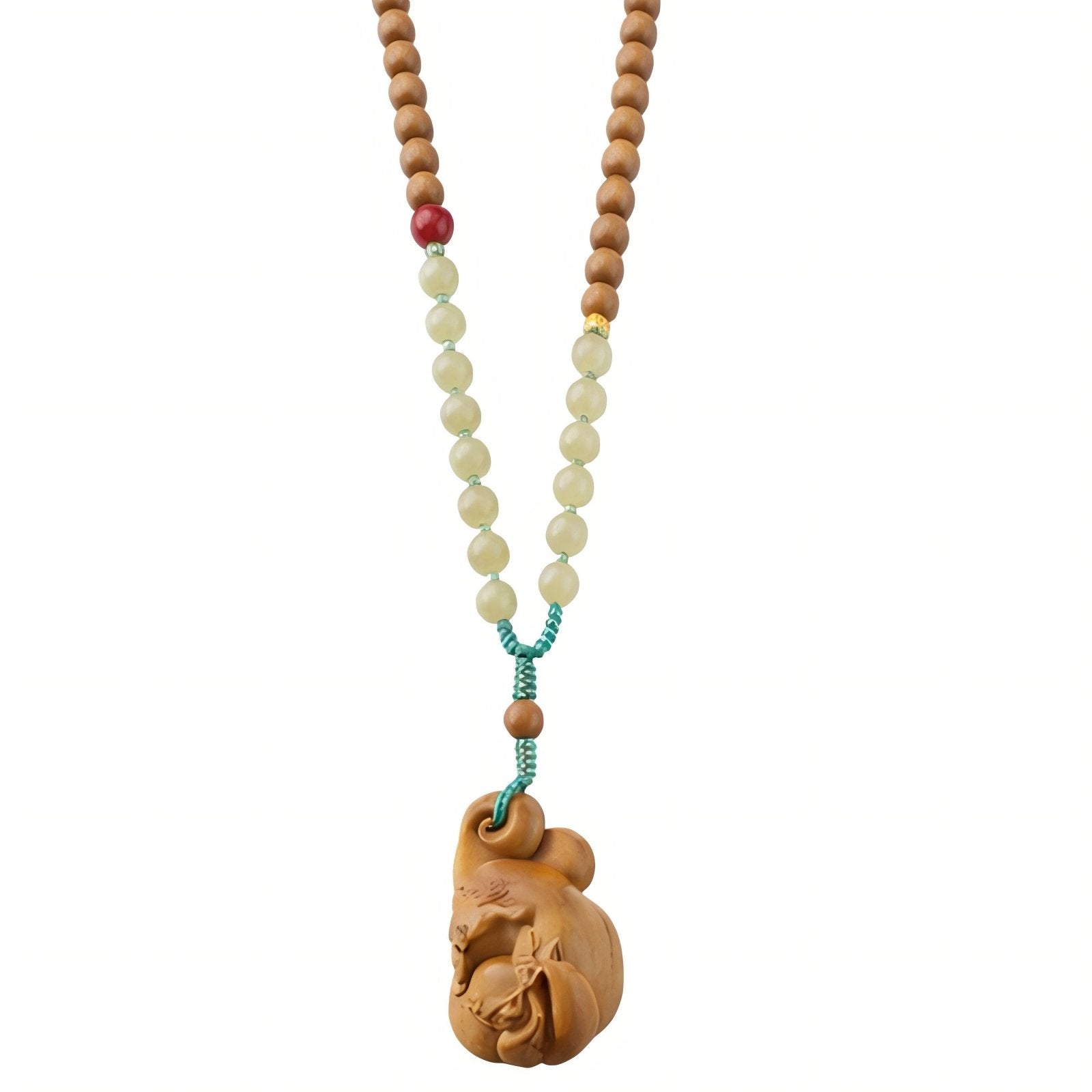 Collier feng shui en bois de santal naturel et en perle de bois, avec pendentif renard sculpté