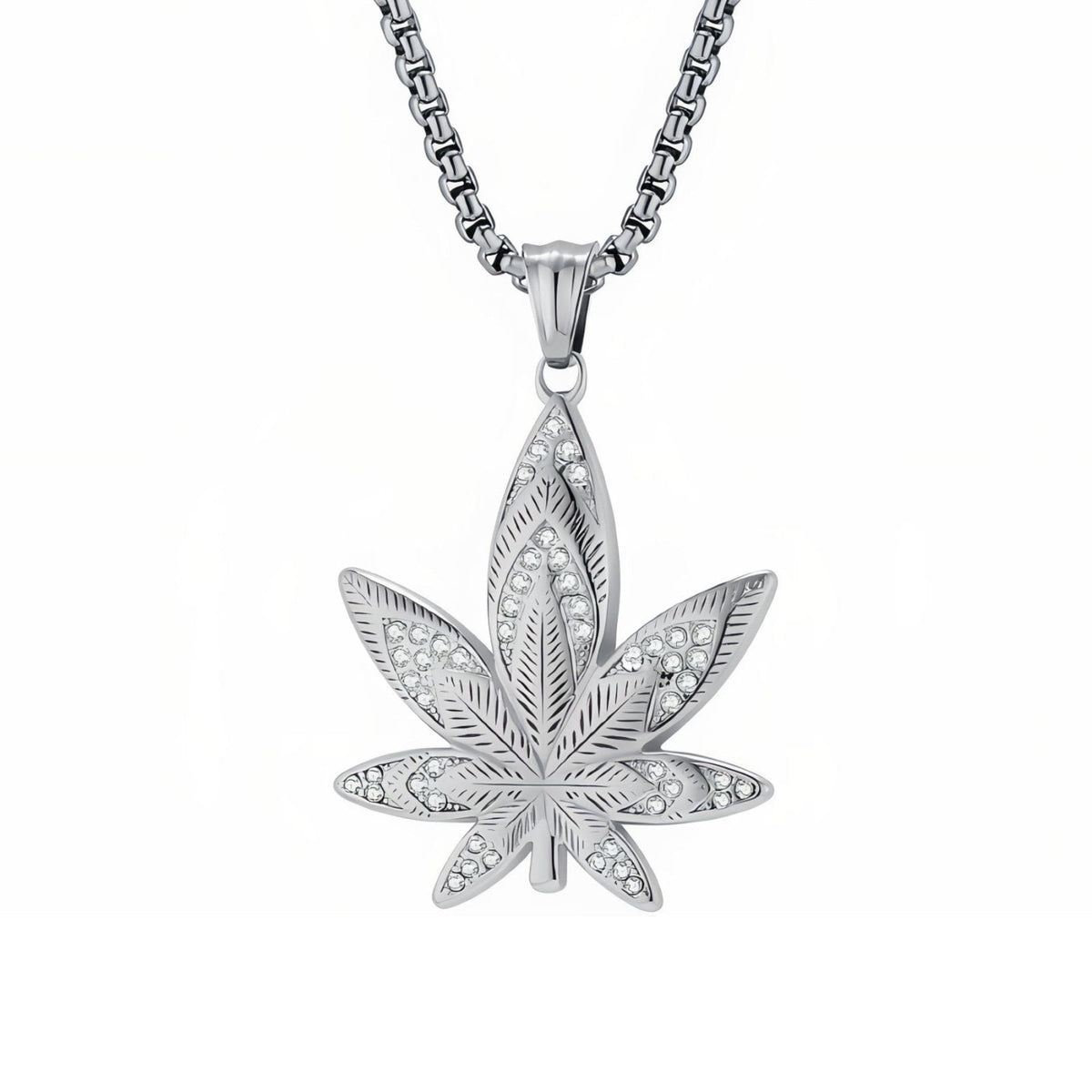Collier feuille de cannabis pour homme, en acier inoxydable, pendentif serti de cristaux blancs