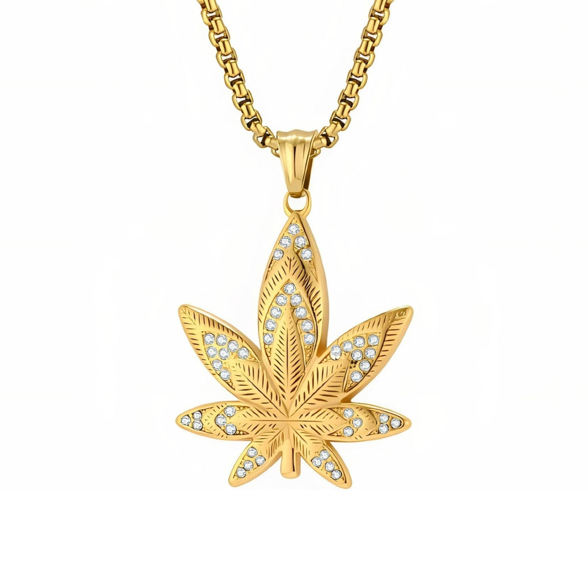 Collier feuille de cannabis pour homme, en acier inoxydable, pendentif serti de cristaux blancs
