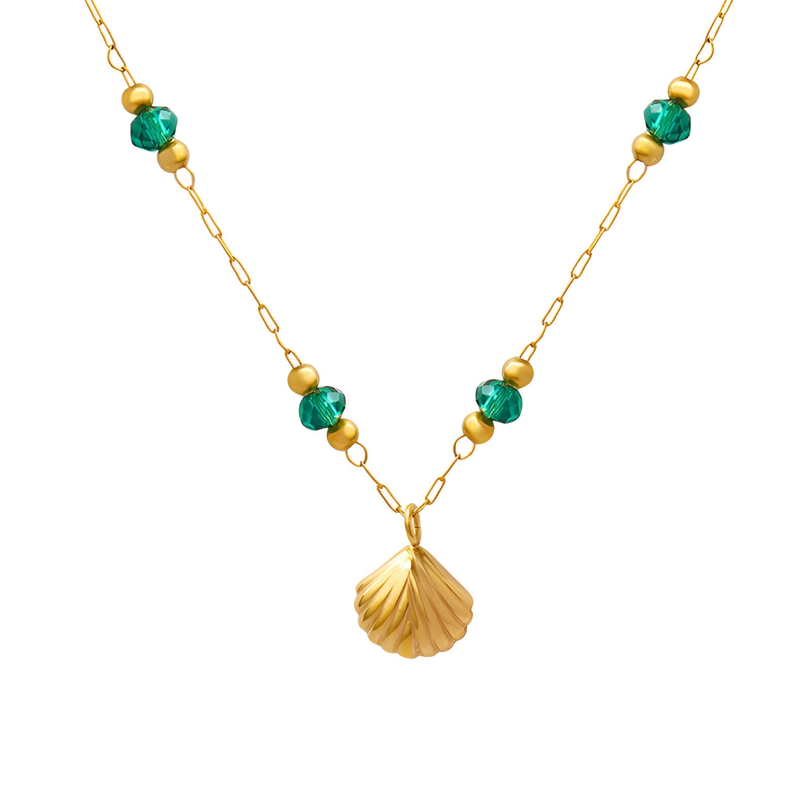 Collier fin doré pour femme, orné de perles vert émeraude et pendentif coquillage, modèle Sirena